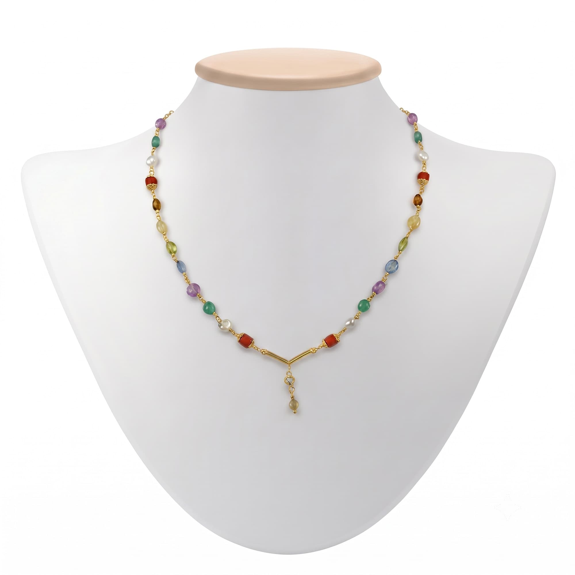 Navratna (Navaratna) Necklace D03 in 18K Yellow Gold with Natural Uncut Diamonds