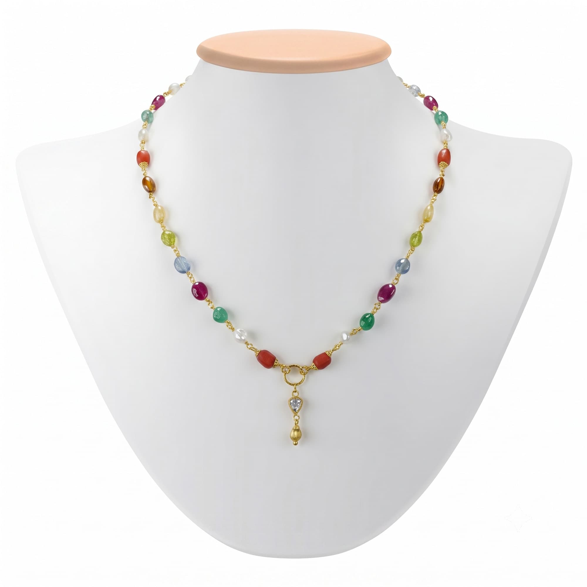 Navratna (Navaratna) Necklace D04 in 18K Yellow Gold with Natural Uncut Diamonds