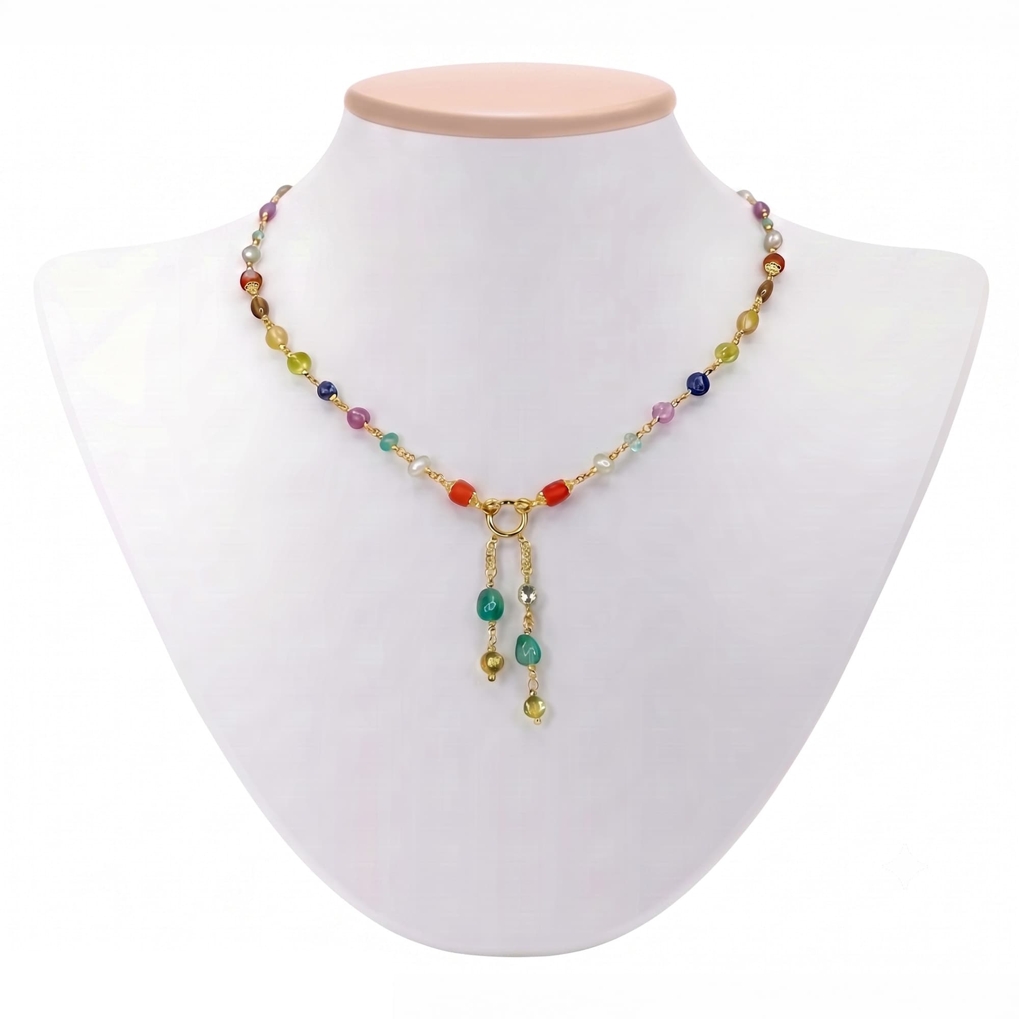 Navratna (Navaratna) Necklace D05 in 18K Yellow Gold with Natural Uncut Diamonds