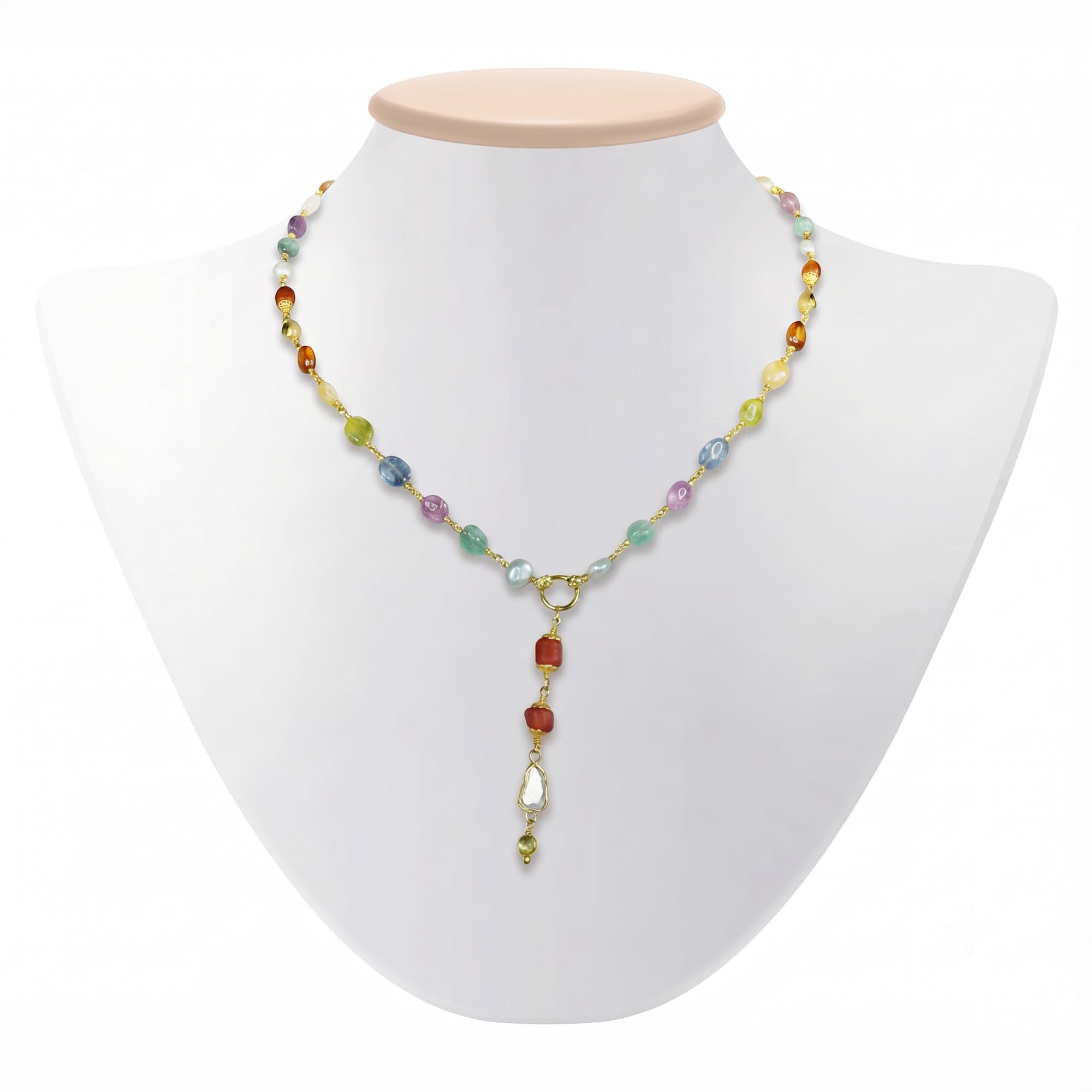Navratna (Navaratna) Necklace D06 in 18K Yellow Gold with Natural Uncut Diamonds