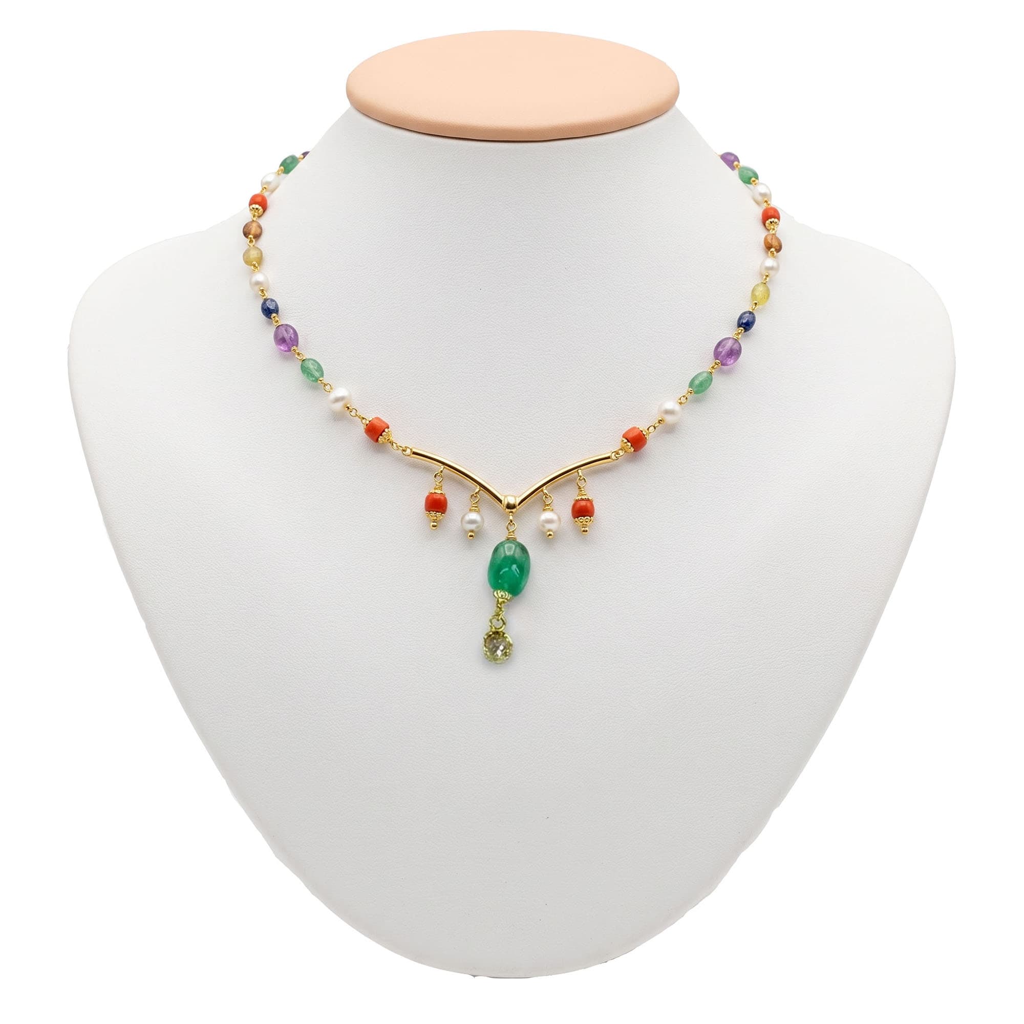 Navratna (Navaratna) Necklace D07 in 18K Yellow Gold with Natural Uncut Diamonds