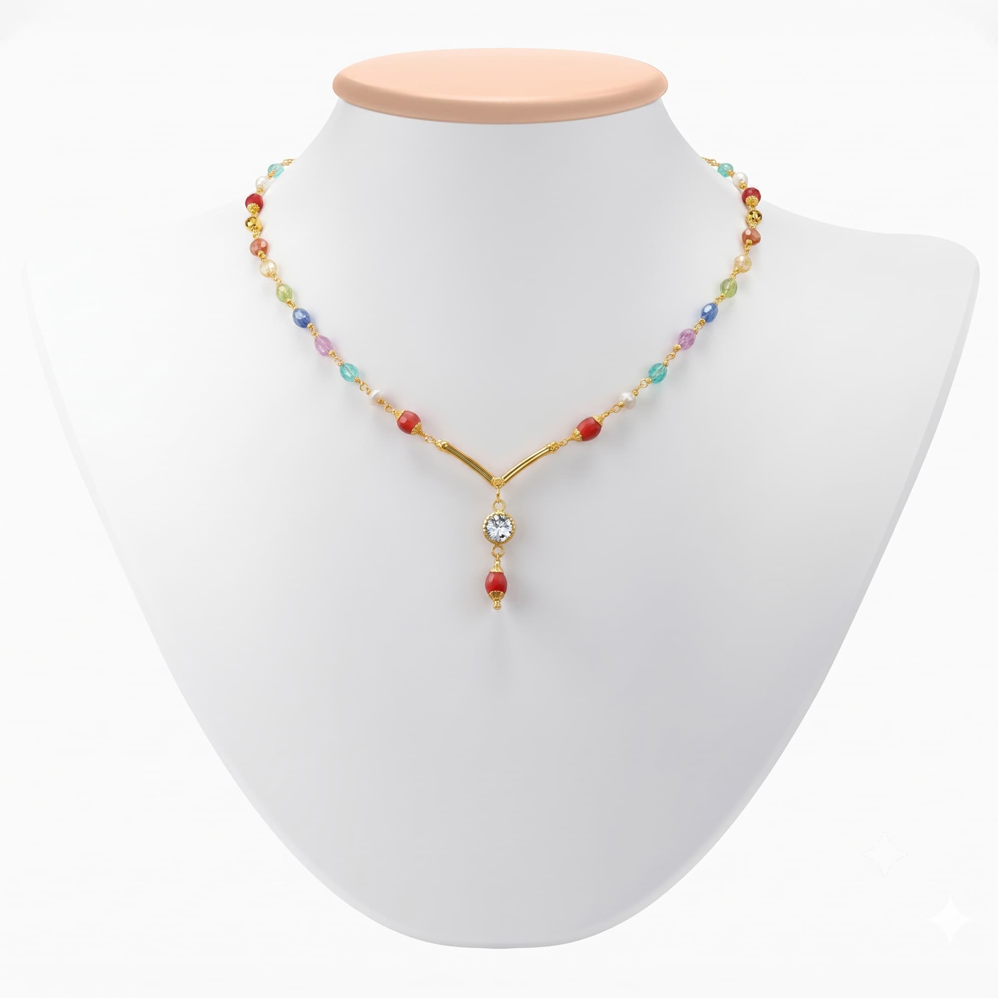 Navratna (Navaratna) Necklace D08 in 18K Yellow Gold with Natural Uncut Diamonds
