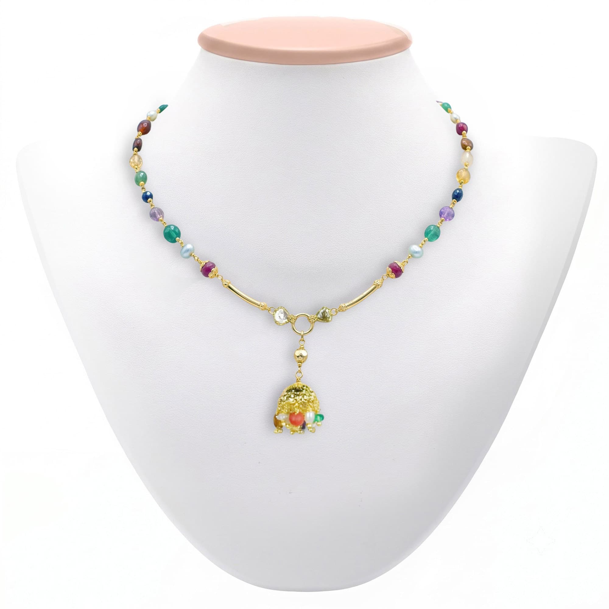 Navratna (Navaratna) Necklace D09 in 18K Yellow Gold with Natural Uncut Diamonds