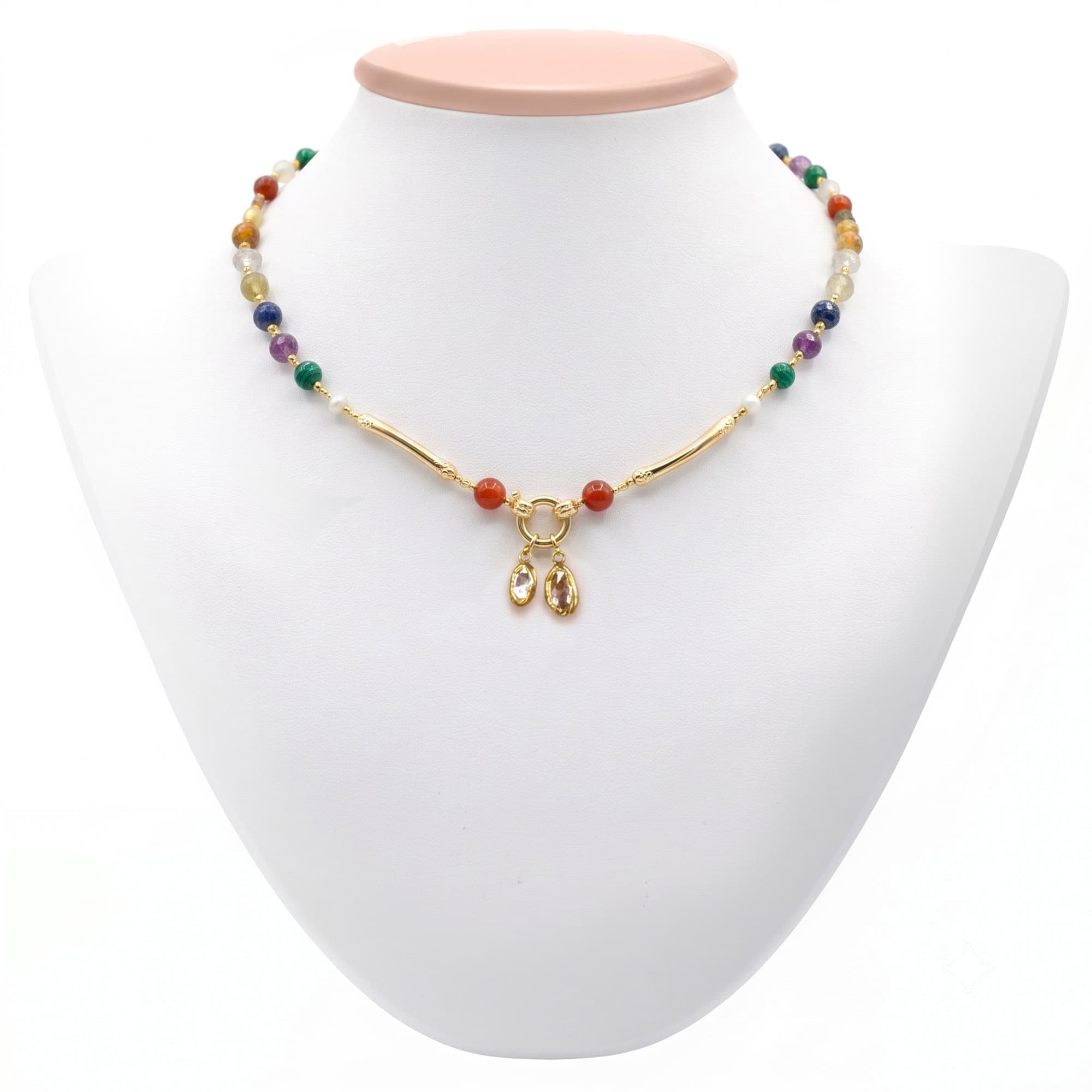Navratna (Navaratna) Necklace D10 in 18K Yellow Gold with Natural Uncut Diamonds