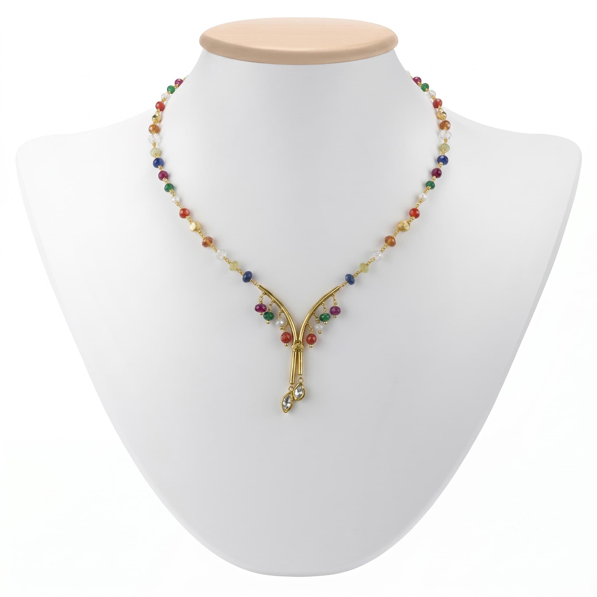 Navratna (Navaratna) Necklace D11 in 18K Yellow Gold with Natural Uncut Diamonds