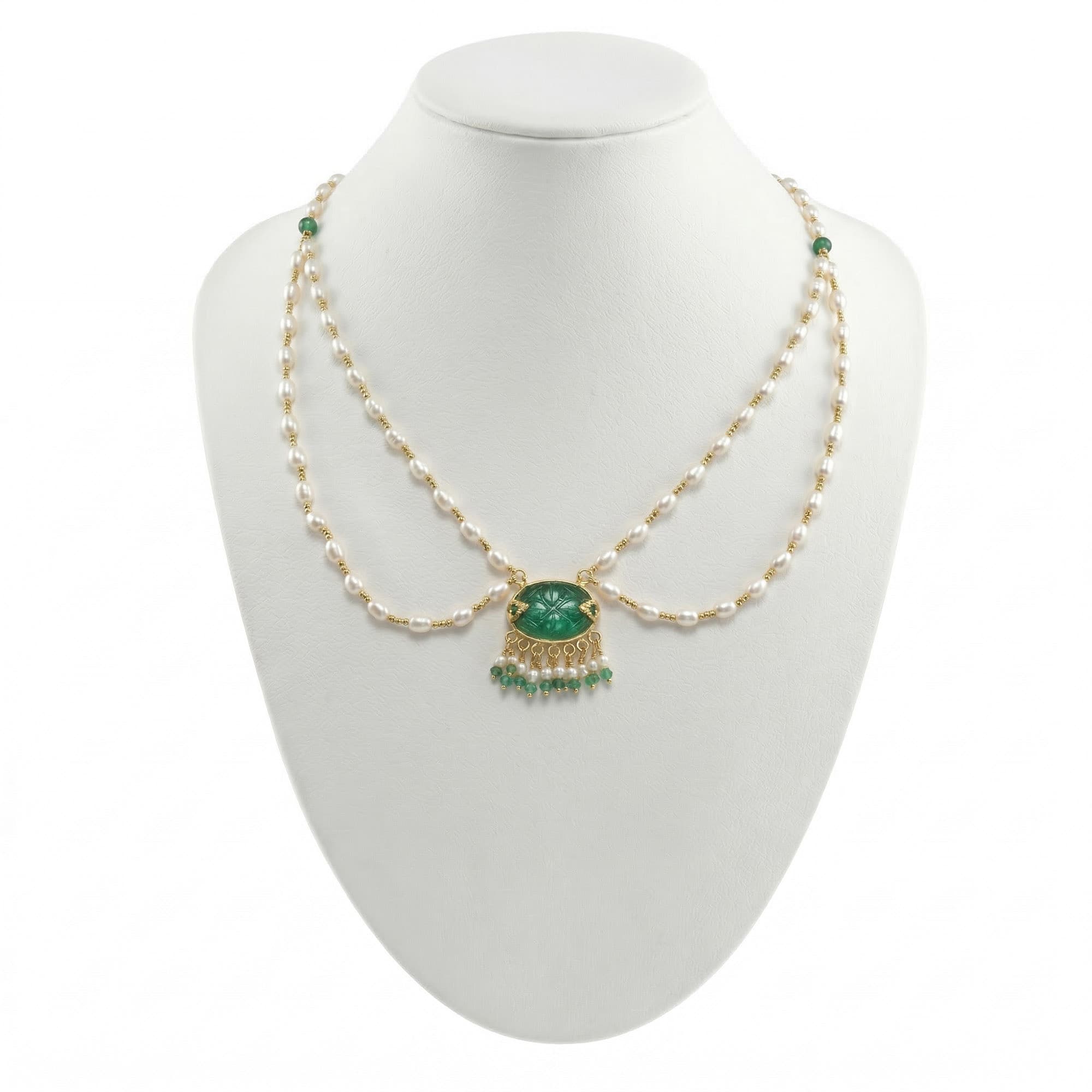 Pearl and Carved Emerald Mala in 22K Yellow Gold – 22.55 Ct, 4.74 g
