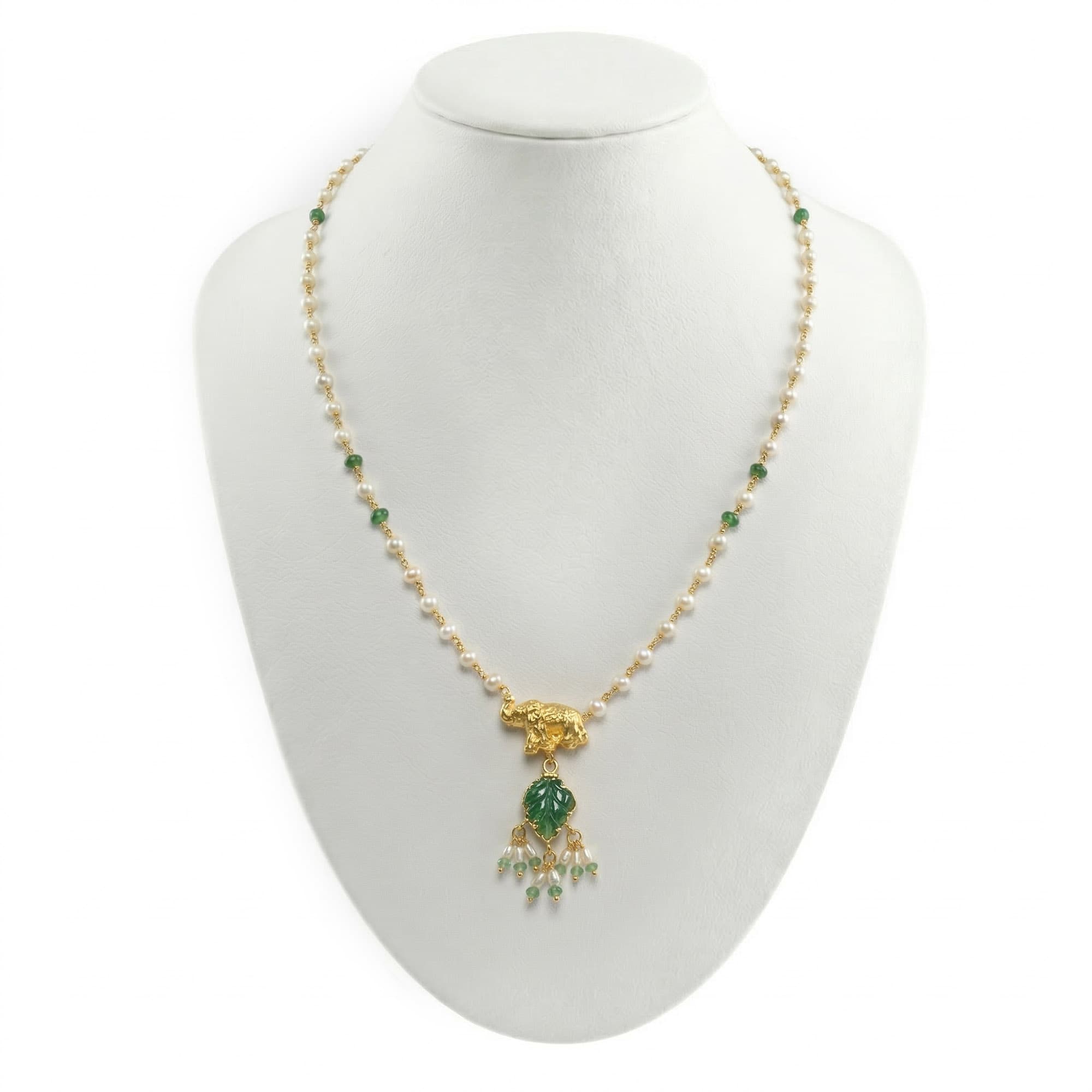 Pearl and Carved Emerald Mala in 22K Yellow Gold – 12.33 Ct, 4.04 g