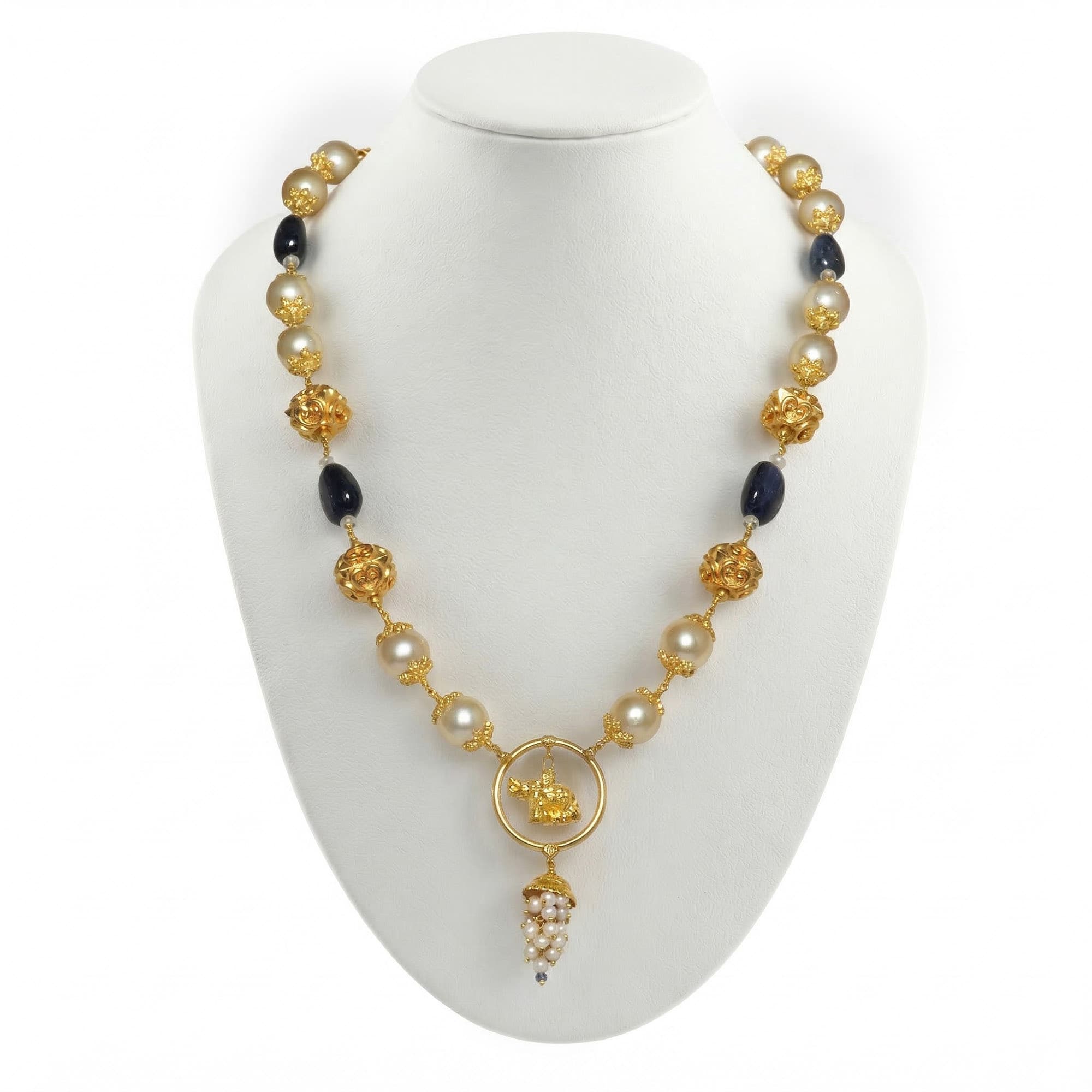 Pearl and Blue Sapphire Necklace in 22K Yellow Gold – 119.61 Ct, 15.16 g