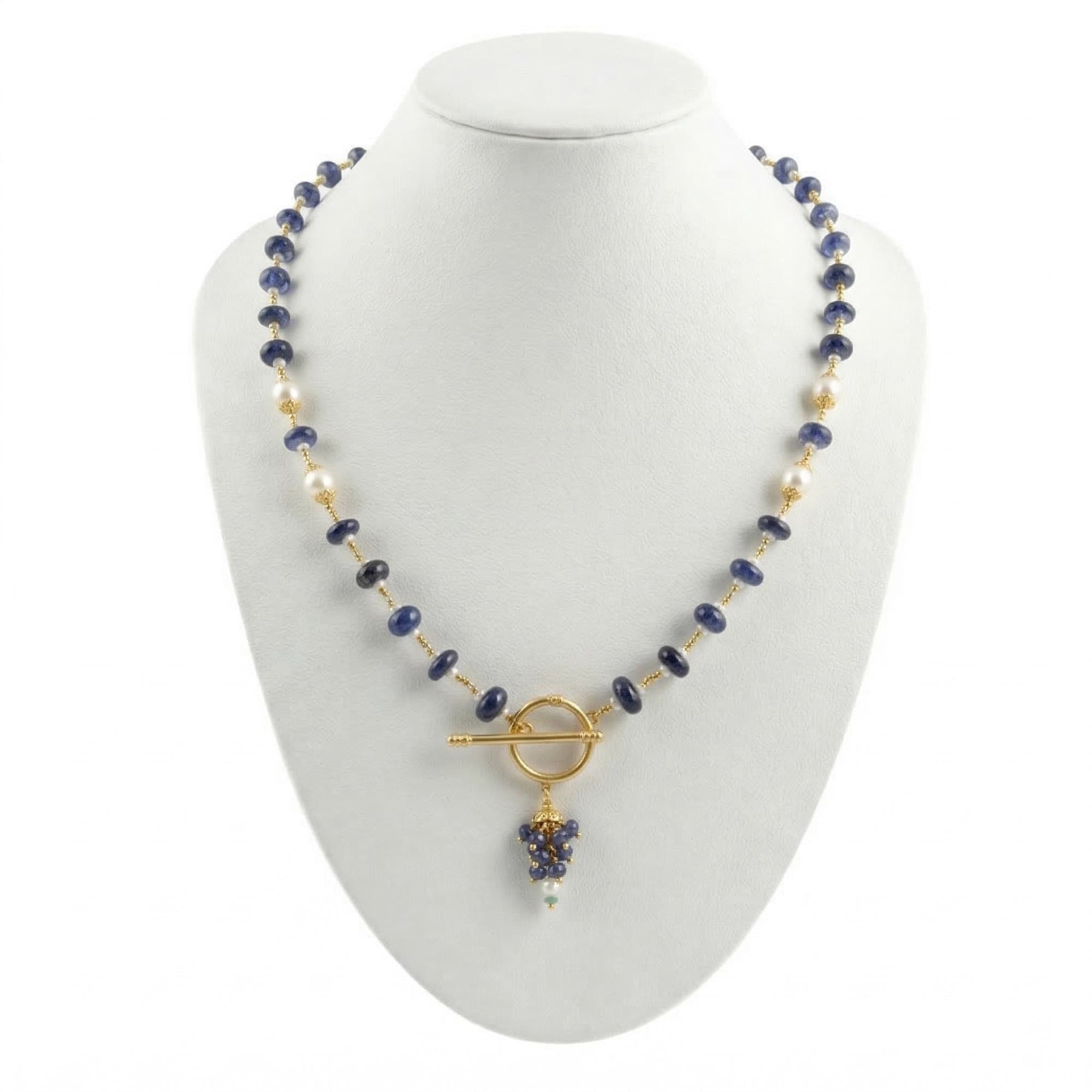 Blue Sapphire and Pearl Necklace in 22K Yellow Gold – 64.49 Ct, 4.9 g