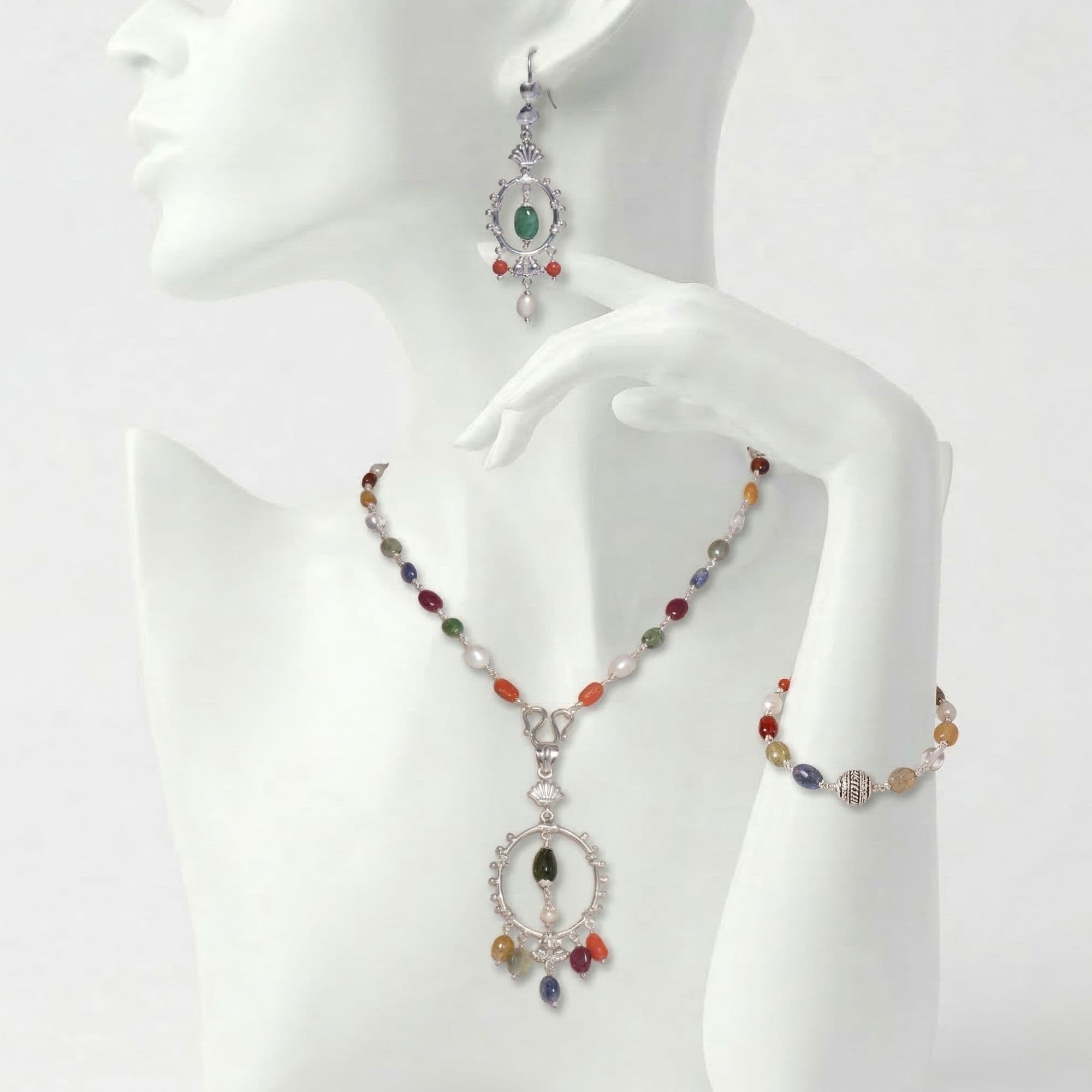 Navratna (Navaratna) Necklace, Earring and Bracelet Set in Silver (Design K5-285)