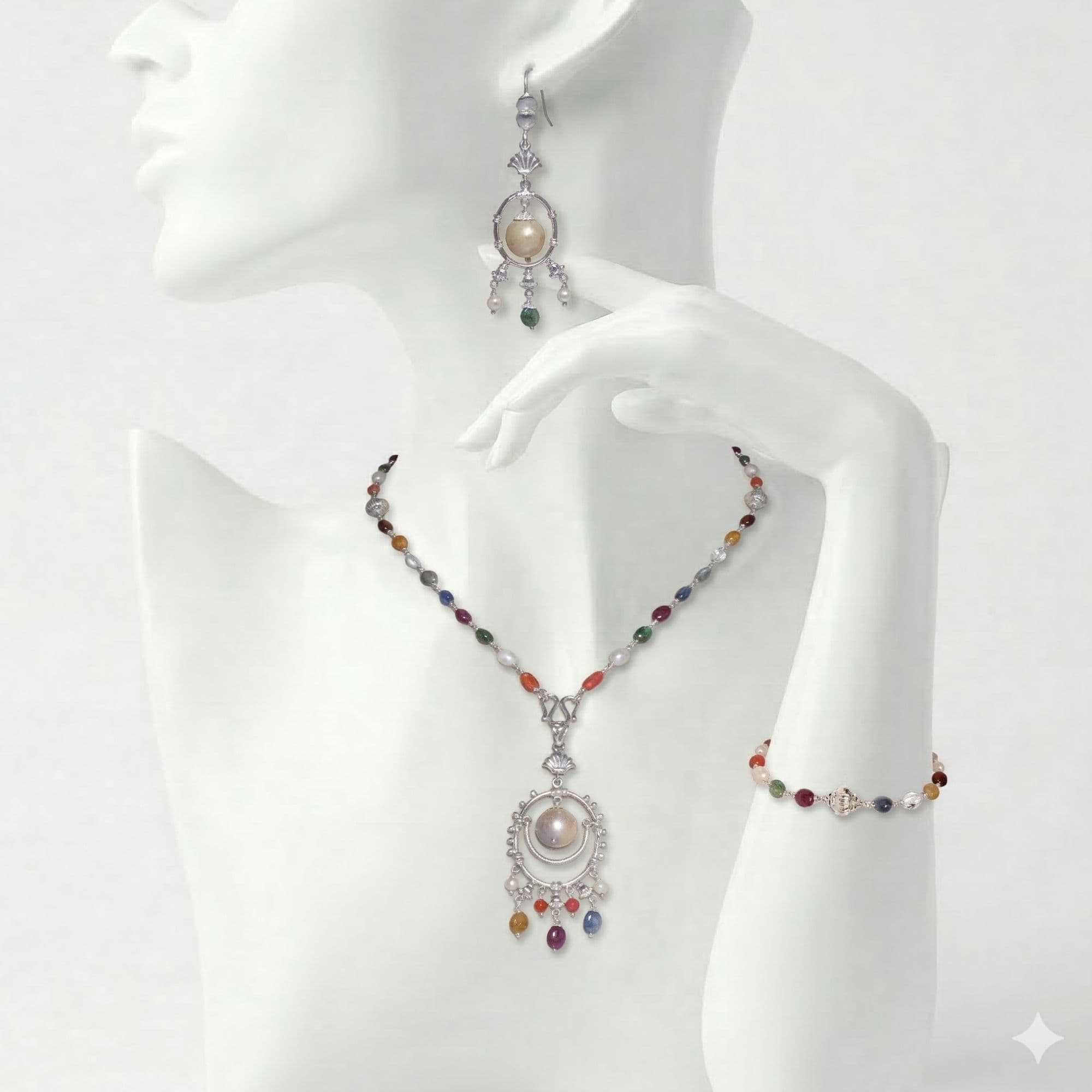 Navratna (Navaratna) Necklace, Earring and Bracelet Set in Silver (Design K5-286)