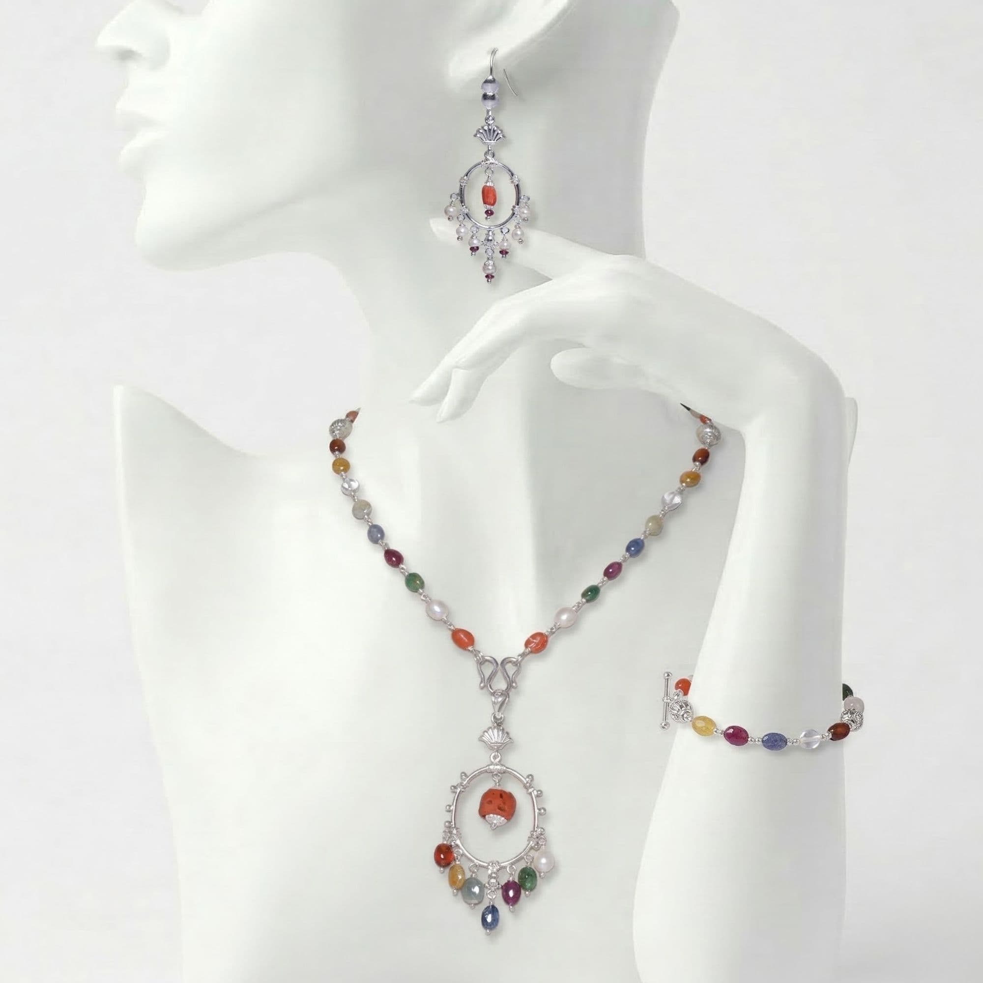 Navratna (Navaratna) Necklace, Earring and Bracelet Set in Silver (Design K5-287)