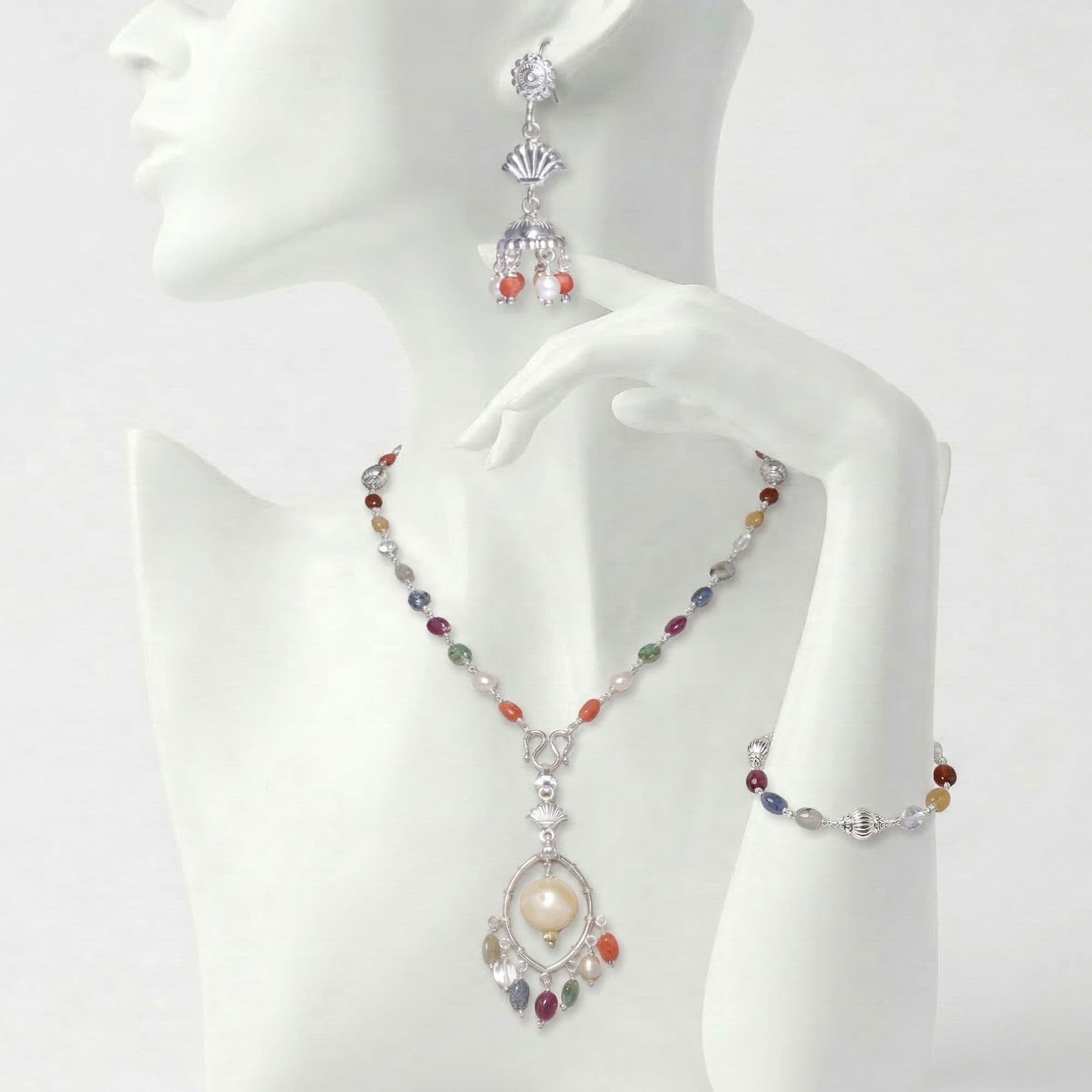 Navratna (Navaratna) Necklace, Earring and Bracelet Set in Silver (Design K5-288)