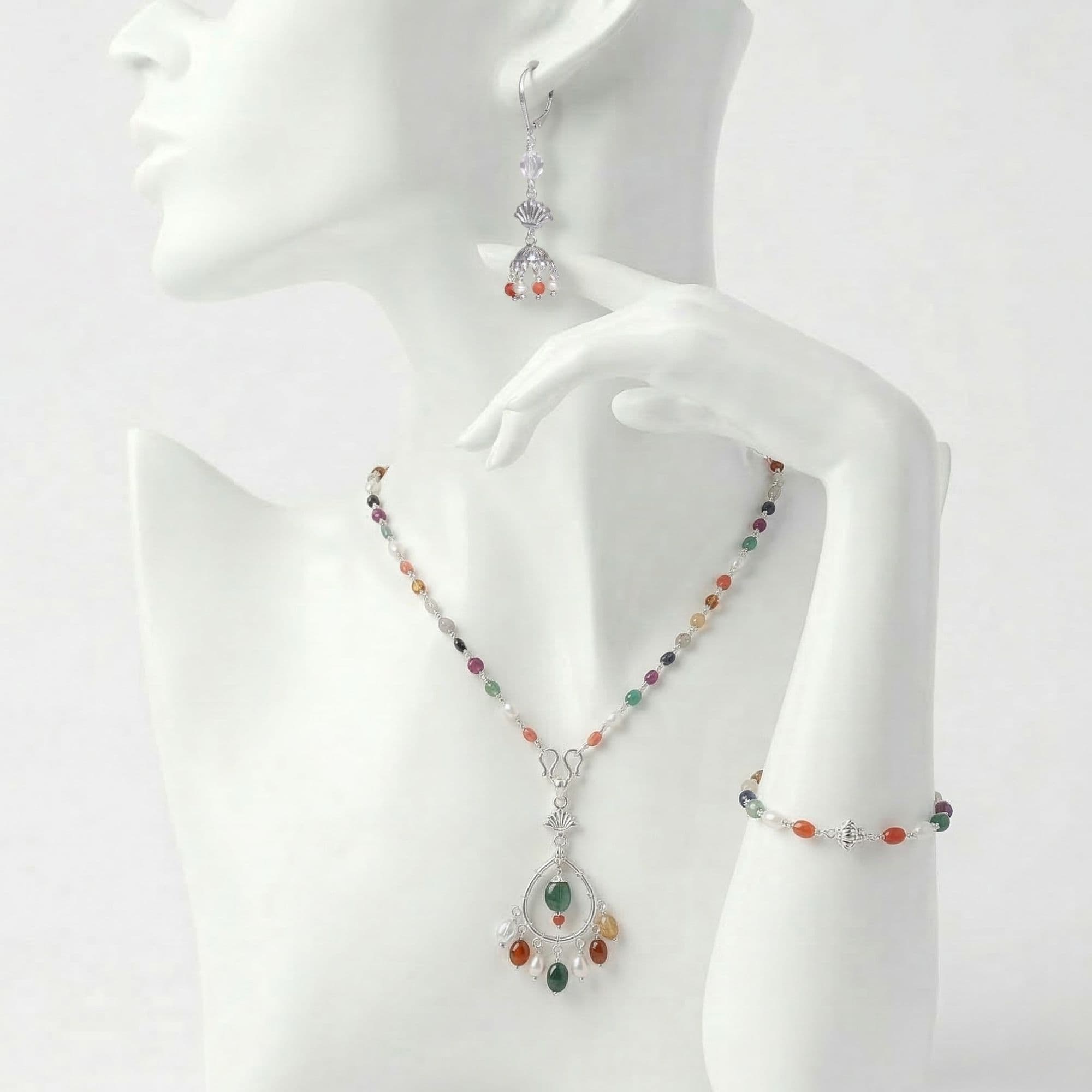 Navratna (Navaratna) Necklace, Earring and Bracelet Set in Silver (Design K5-289)