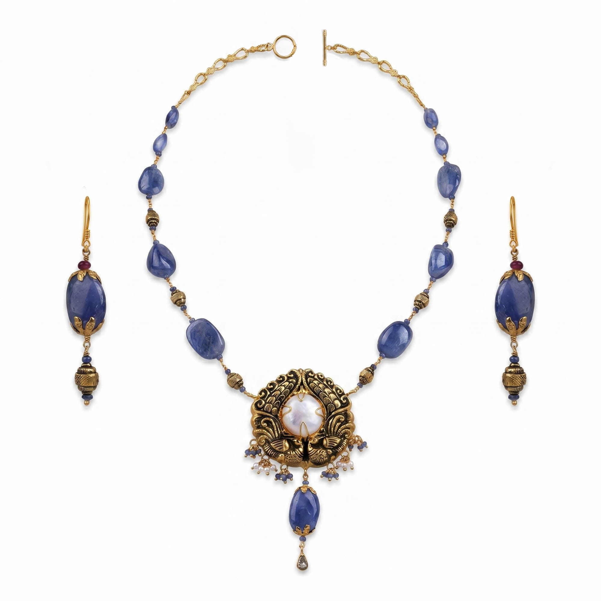 Pearl Necklace and Earring Set in 22K Yellow Gold – 16.52 g