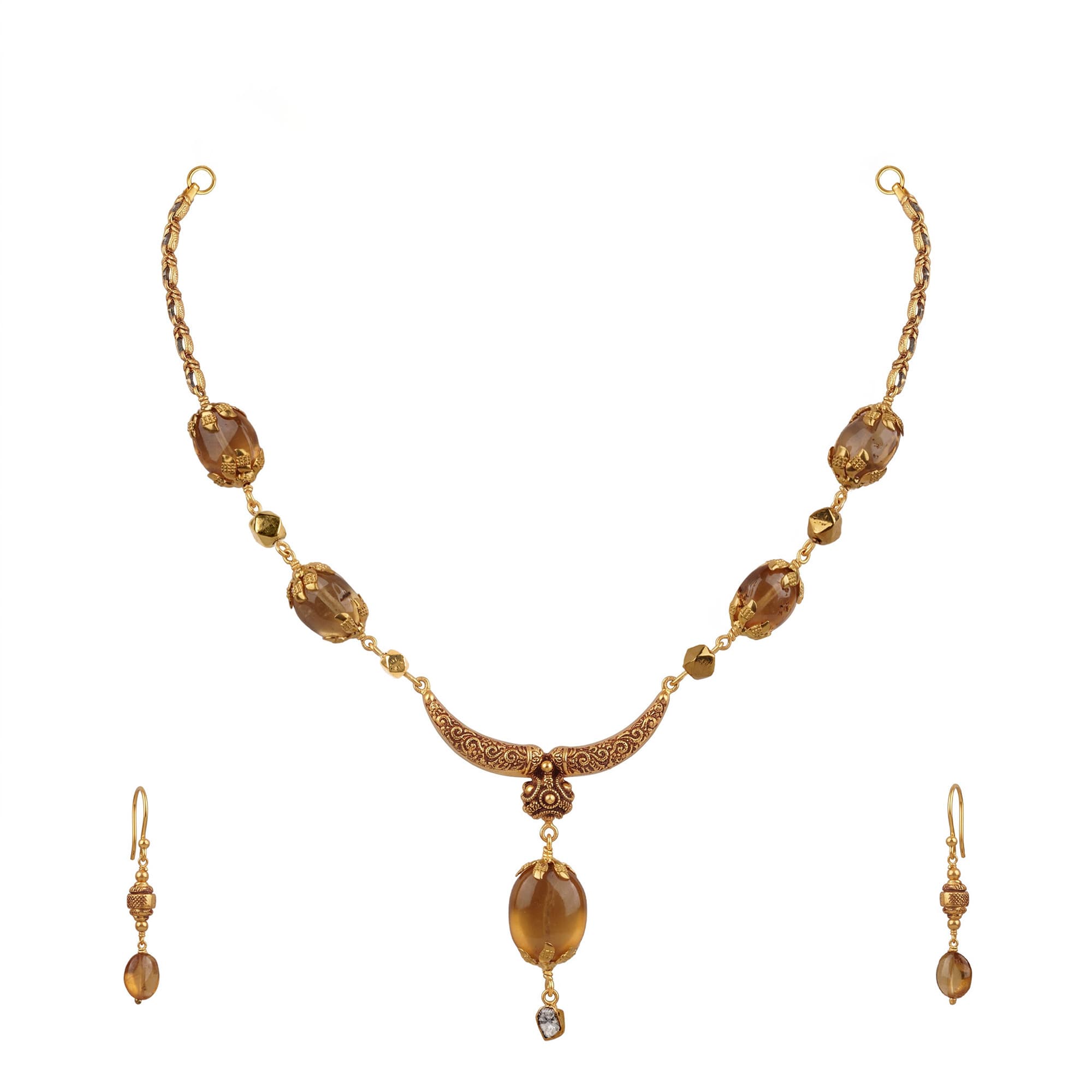 Hessonite Necklace and Earring Set in 22K Yellow Gold – 9.08 g