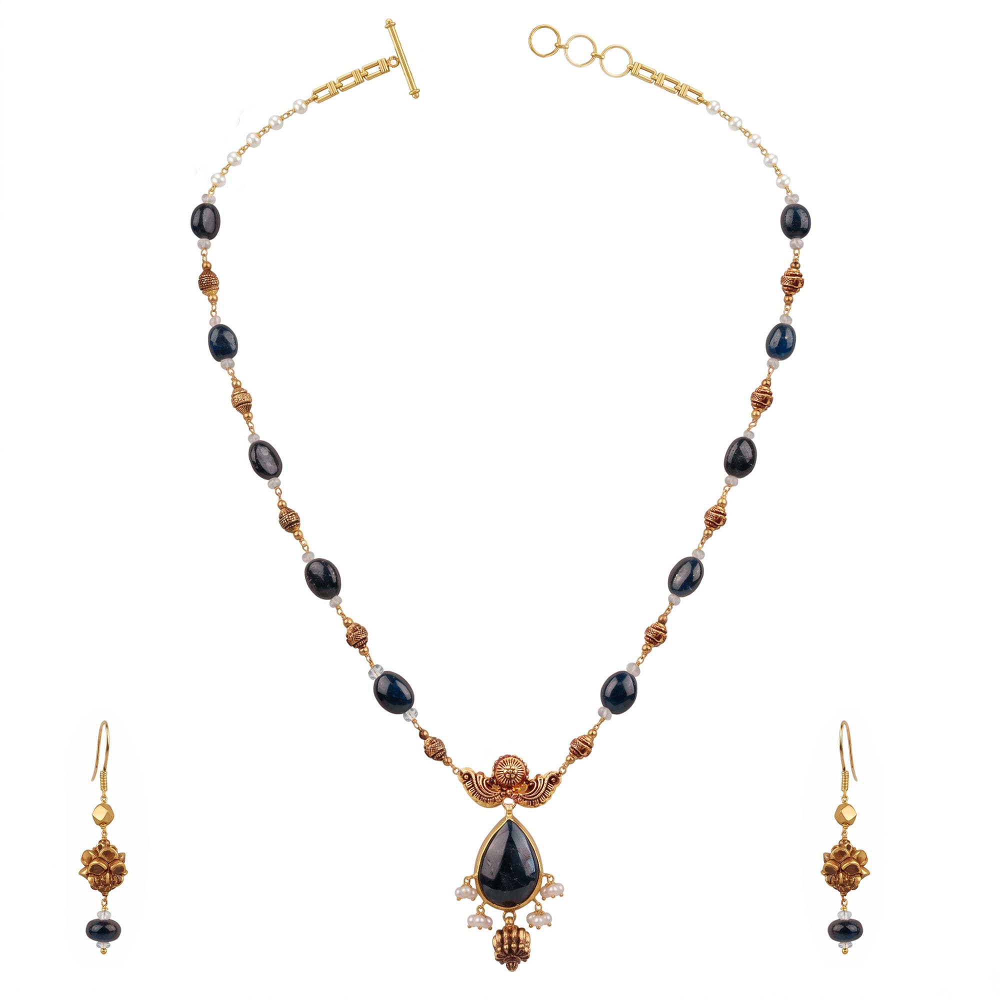 Blue Sapphire Necklace and Earring Set in 22K Yellow Gold – 15.21 g