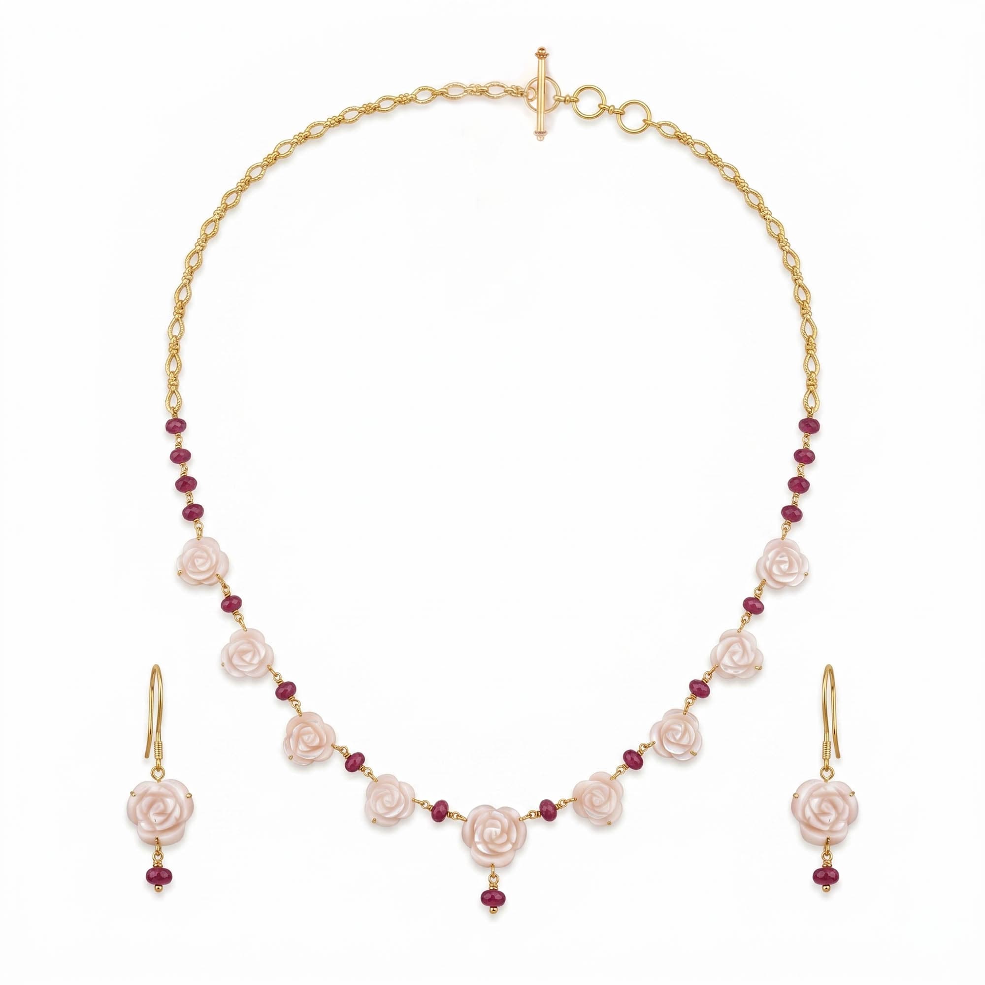 Mother of Pearl Necklace and Earring Set in 22K Yellow Gold – 4.92 g