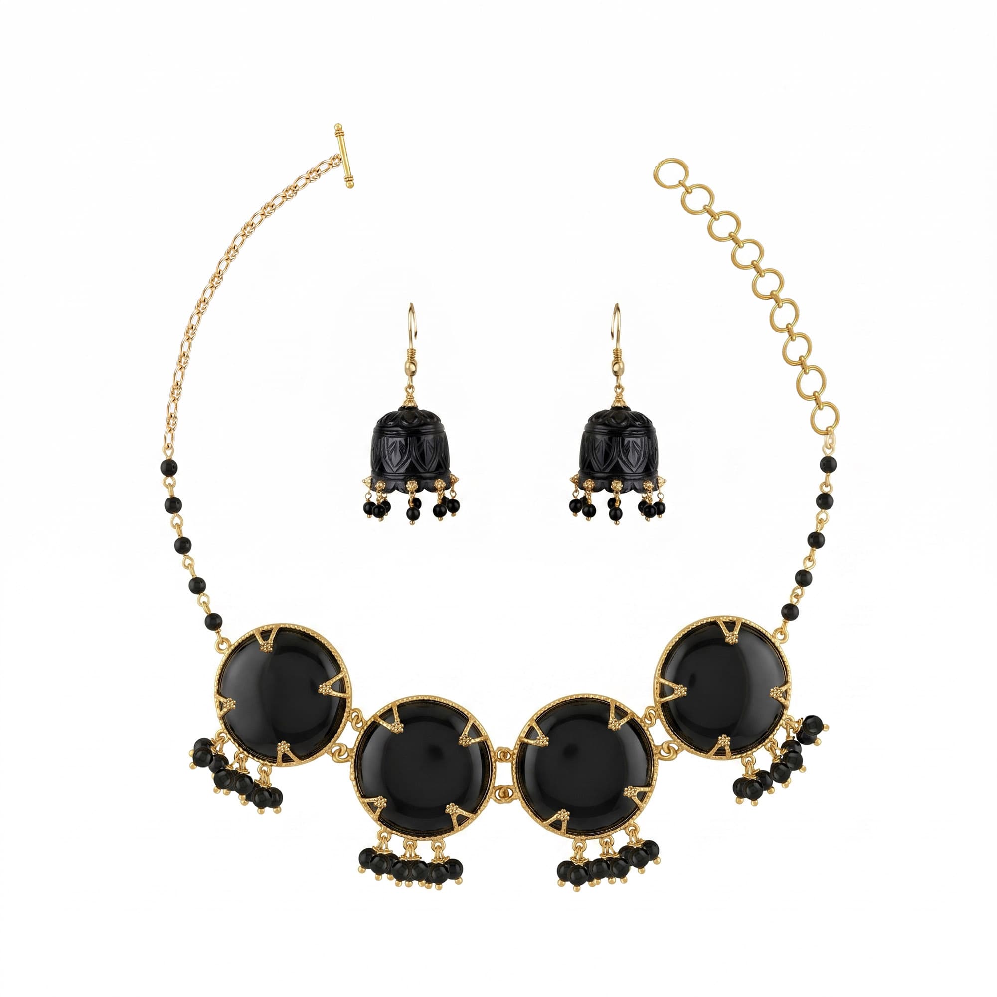 Onyx Necklace and Earring Set in 18K Yellow Gold – 15.08 g