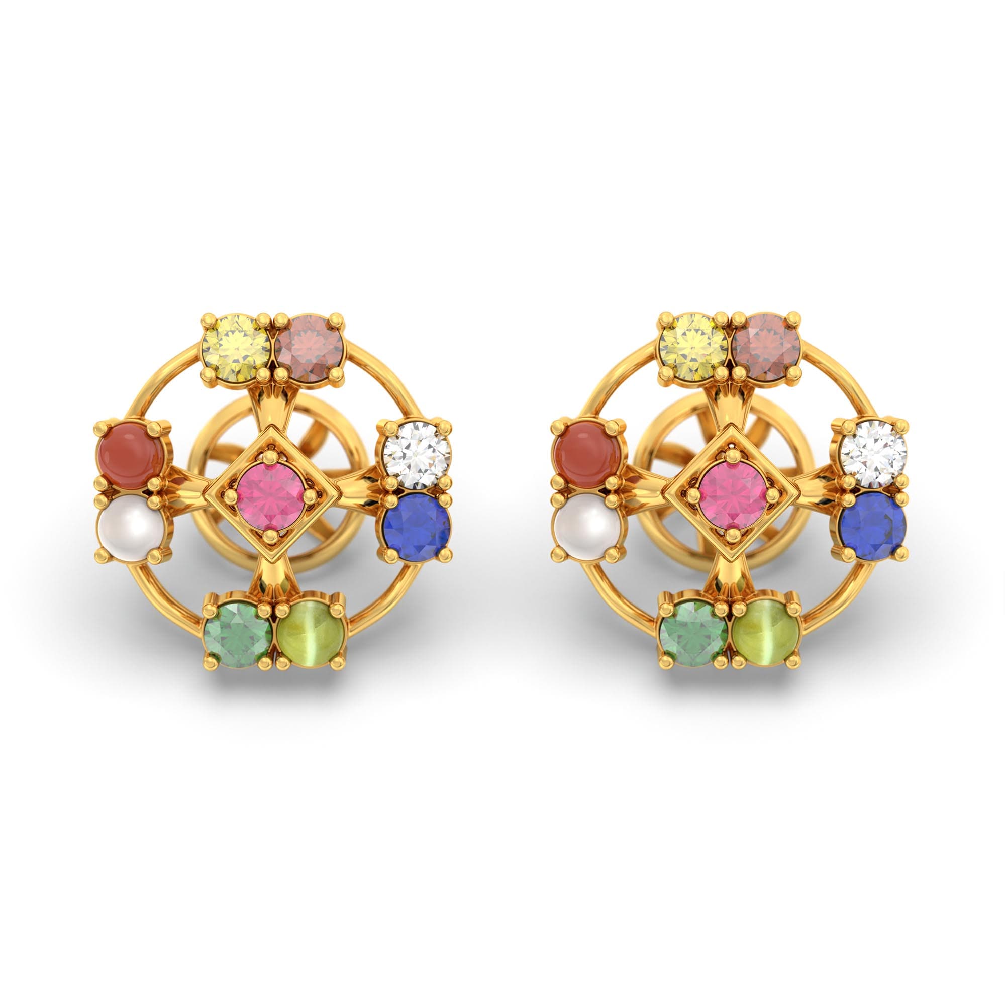 Navratna (Navaratna) Stud Earrings in 22K Yellow Gold – 2.8 mm stones, 4 g (Design K1-1)