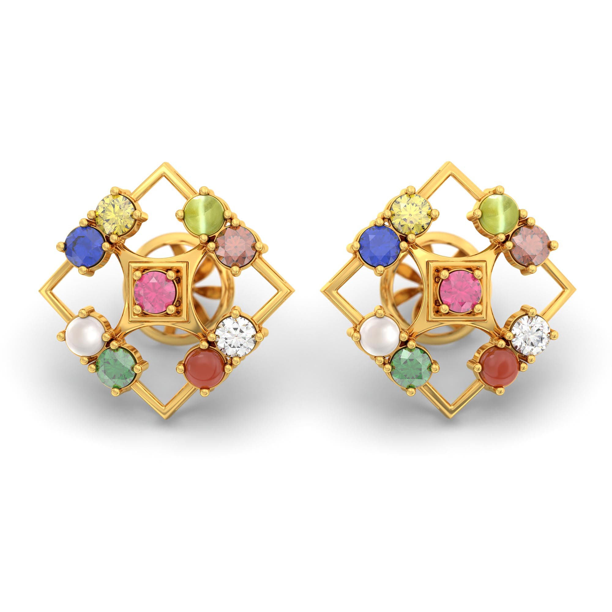 Navratna (Navaratna) Stud Earrings in 22K Yellow Gold – 2.8 mm stones, 4 g (Design K1-2)