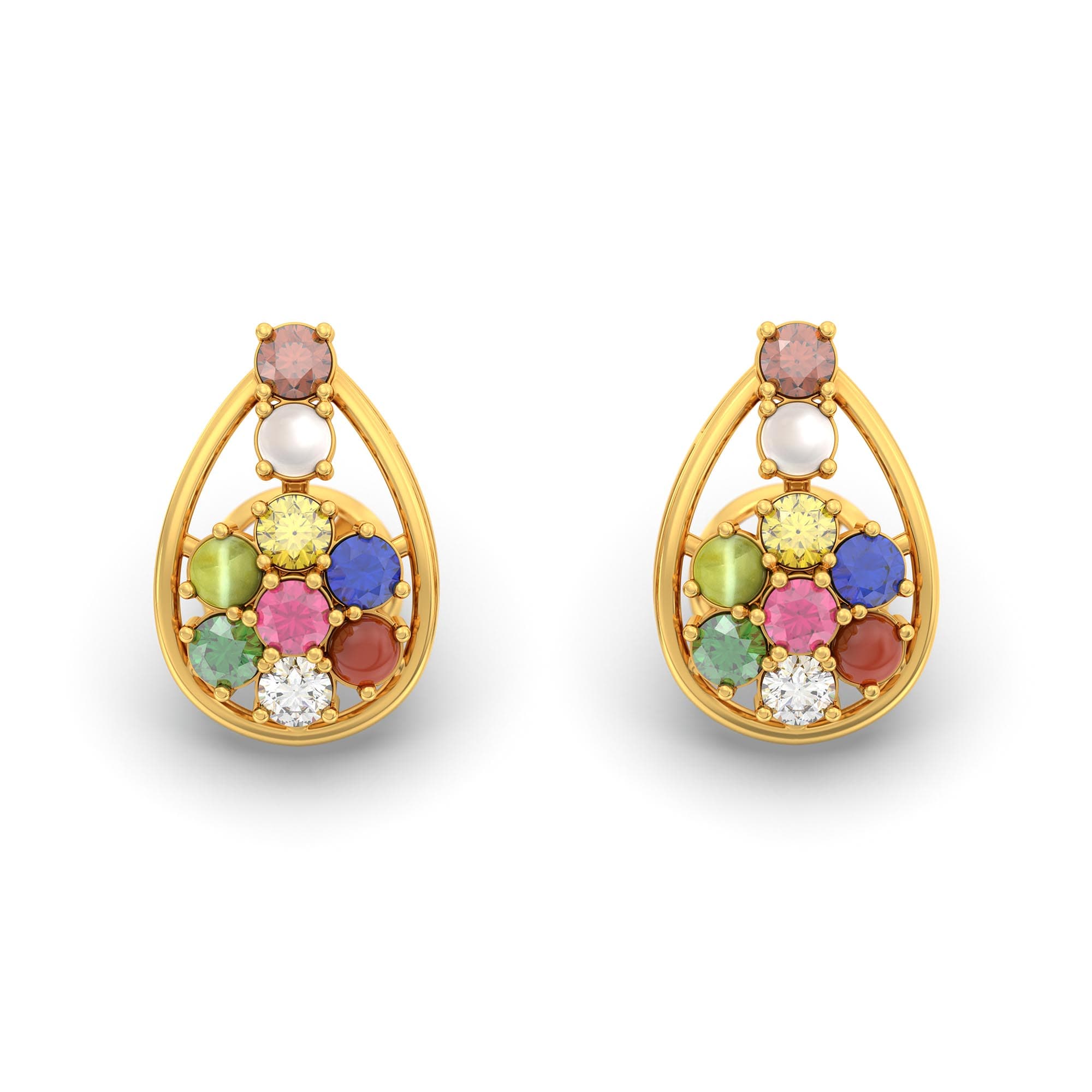 Navratna (Navaratna) Stud Earrings in 22K Yellow Gold – 2.8 mm stones, 4 g (Design K1-3)