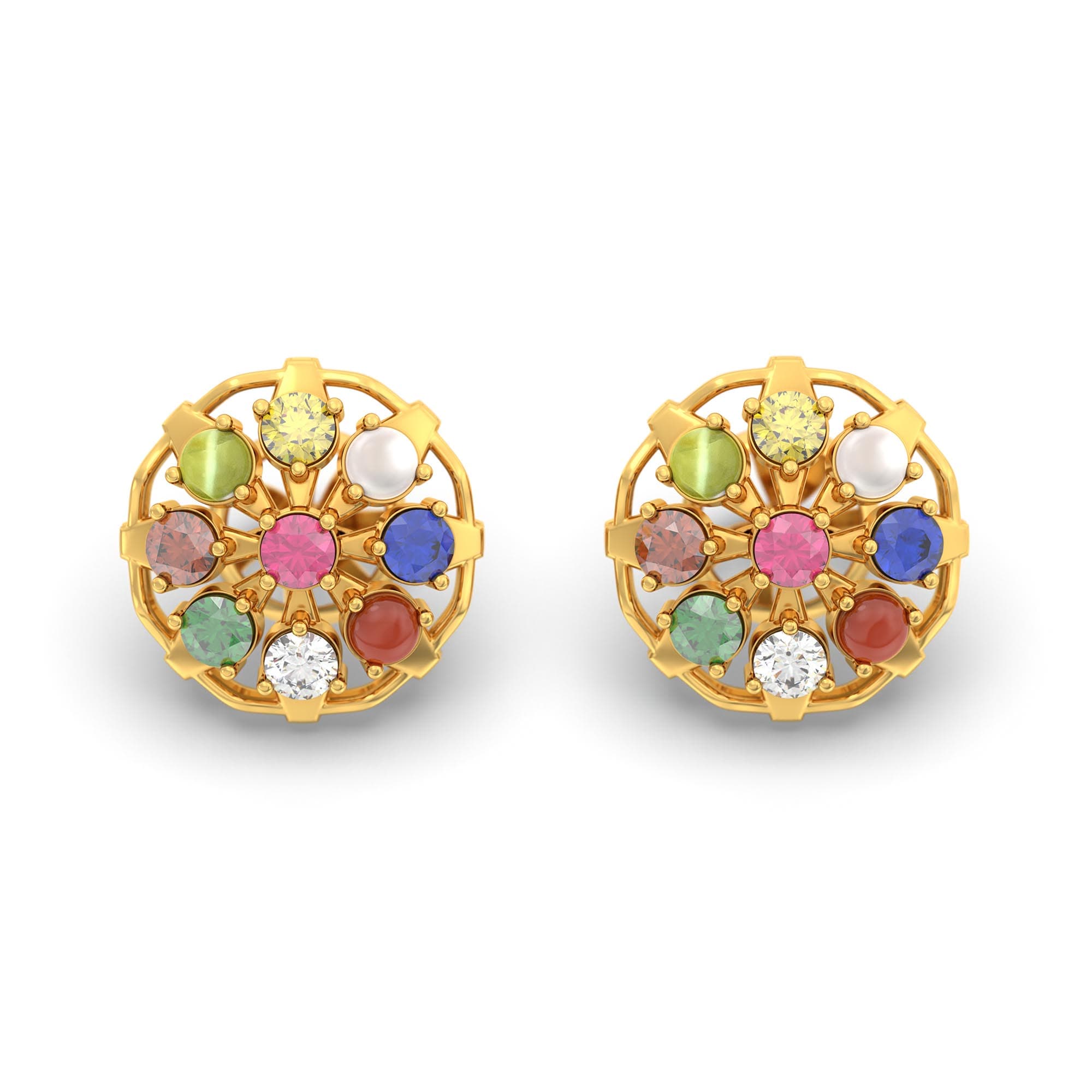 Navratna (Navaratna) Stud Earrings in 22K Yellow Gold – 2.8 mm stones, 4 g (Design K1-4)