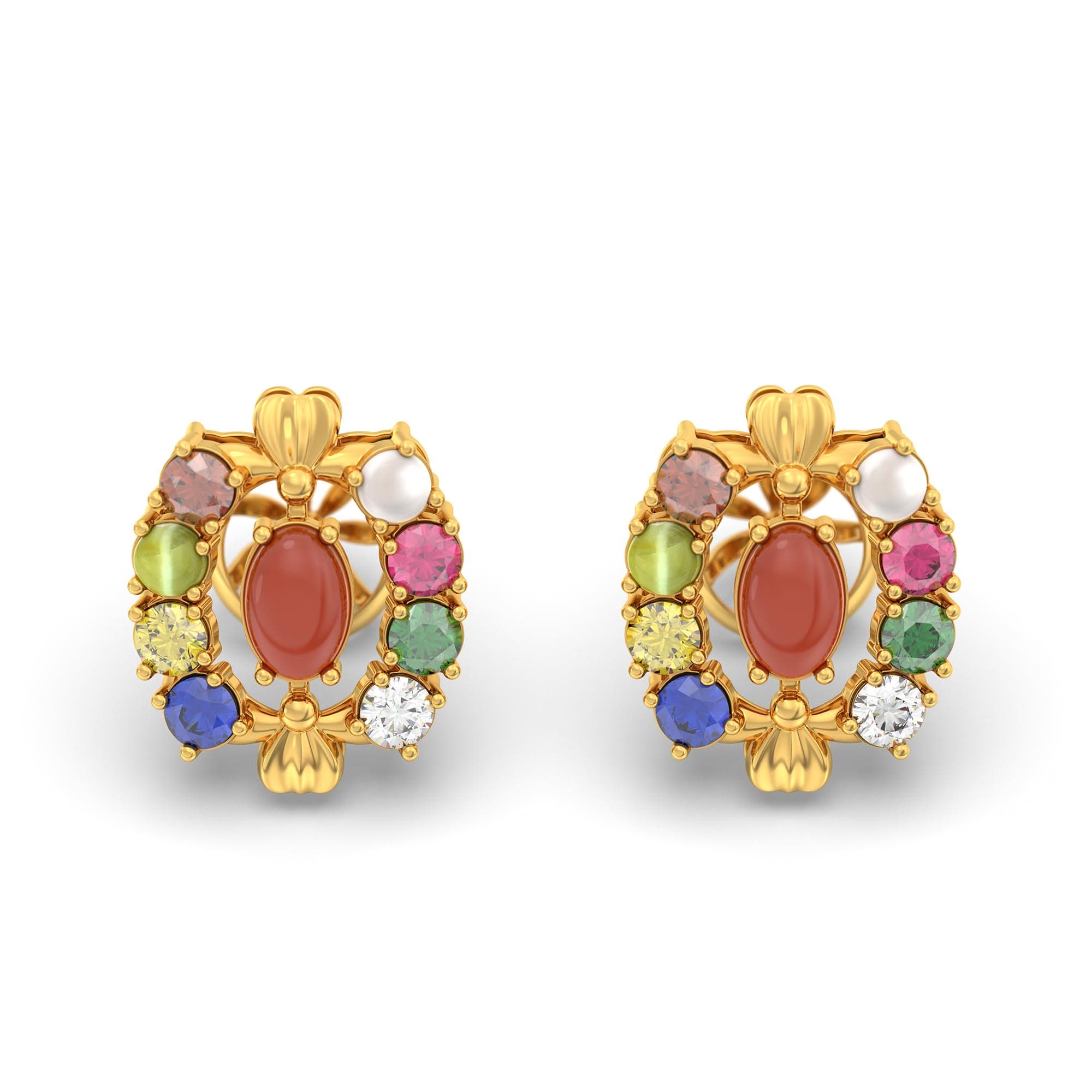 Navratna (Navaratna) Stud Earrings in 22K Yellow Gold – 2.8 mm stones, 4 g (Design K1-5)