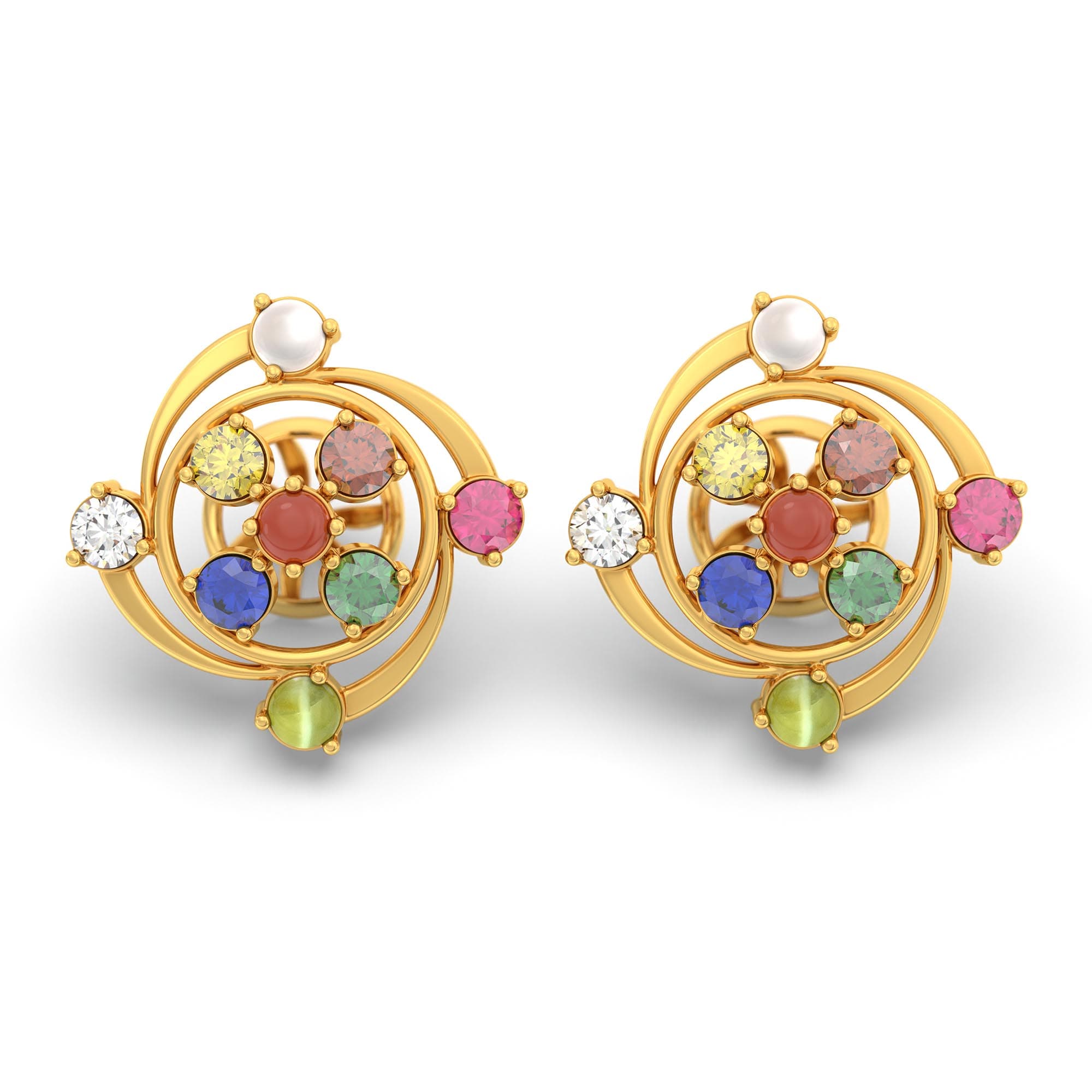Navratna (Navaratna) Stud Earrings in 22K Yellow Gold – 2.8 mm stones, 4 g (Design K1-6)