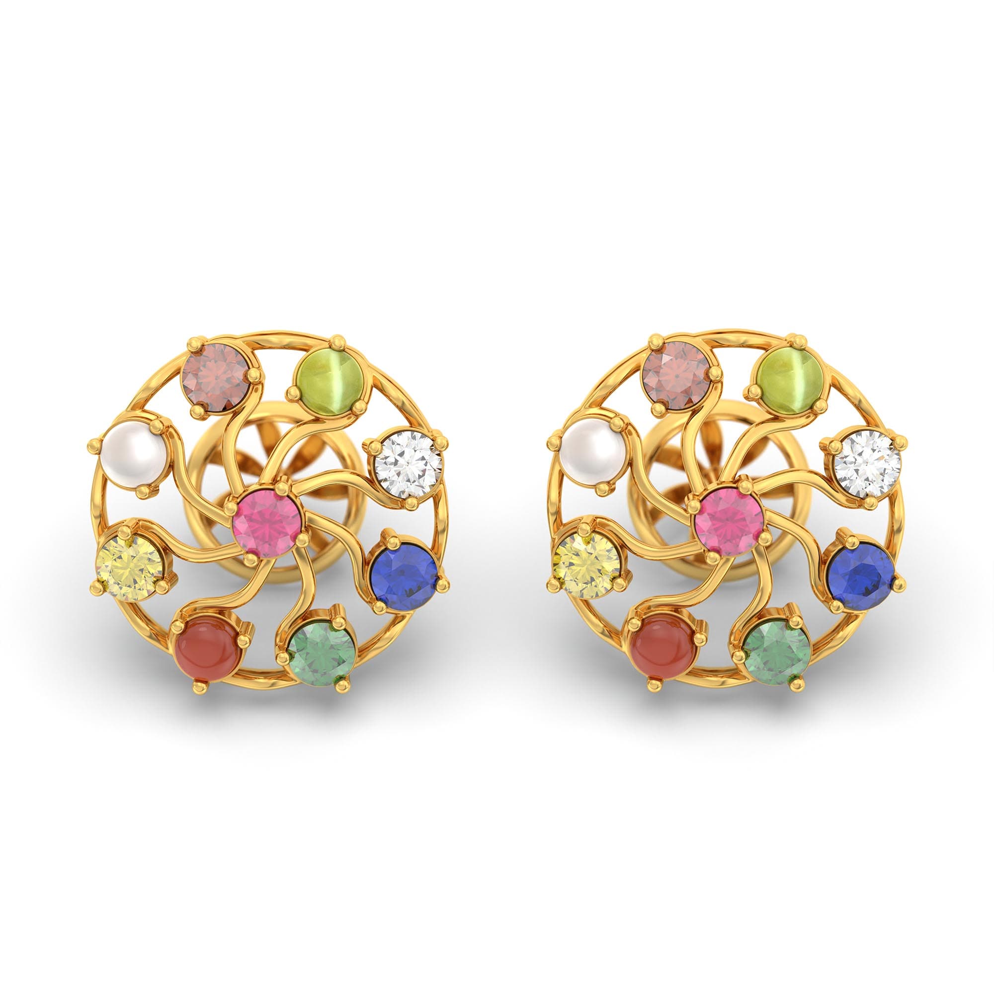 Navratna (Navaratna) Stud Earrings in 22K Yellow Gold – 2.8 mm stones, 4 g (Design K1-7)