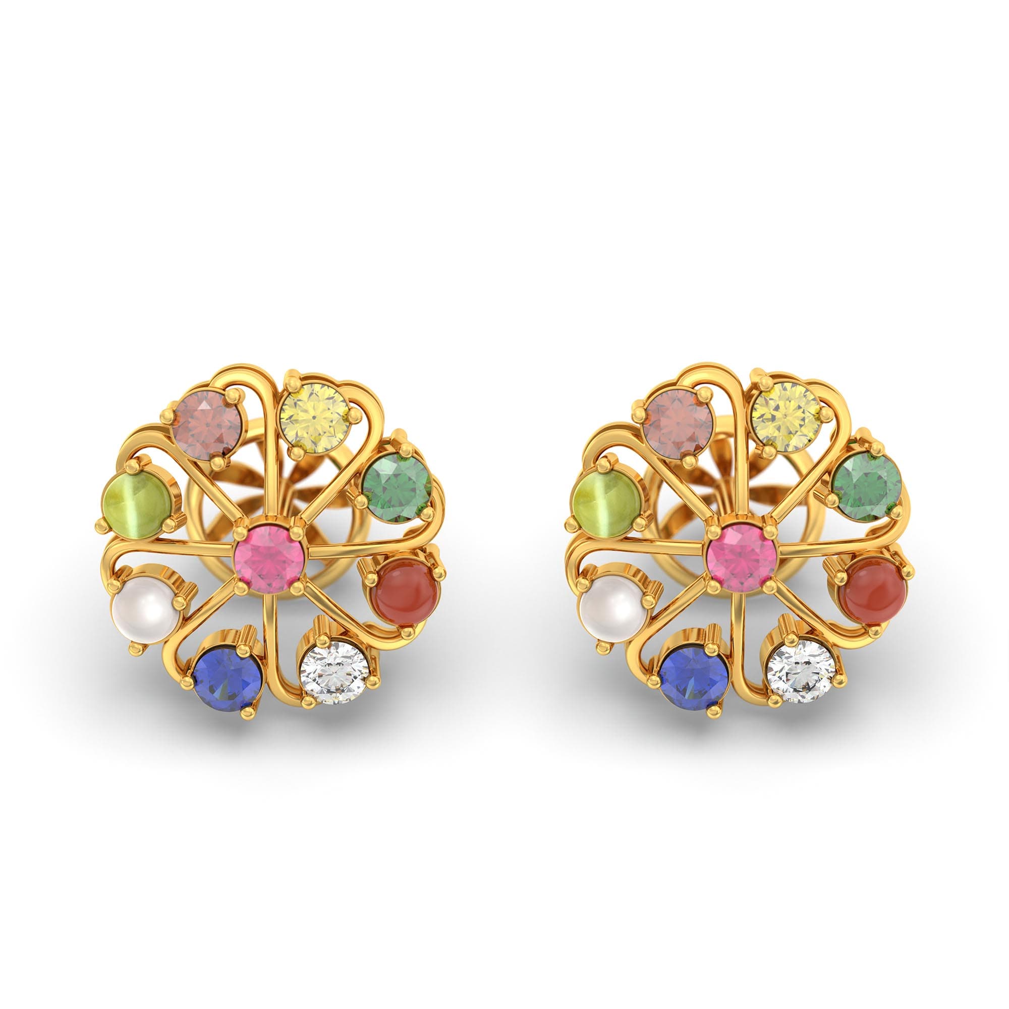 Navratna (Navaratna) Stud Earrings in 22K Yellow Gold – 2.8 mm stones, 4 g (Design K1-8)