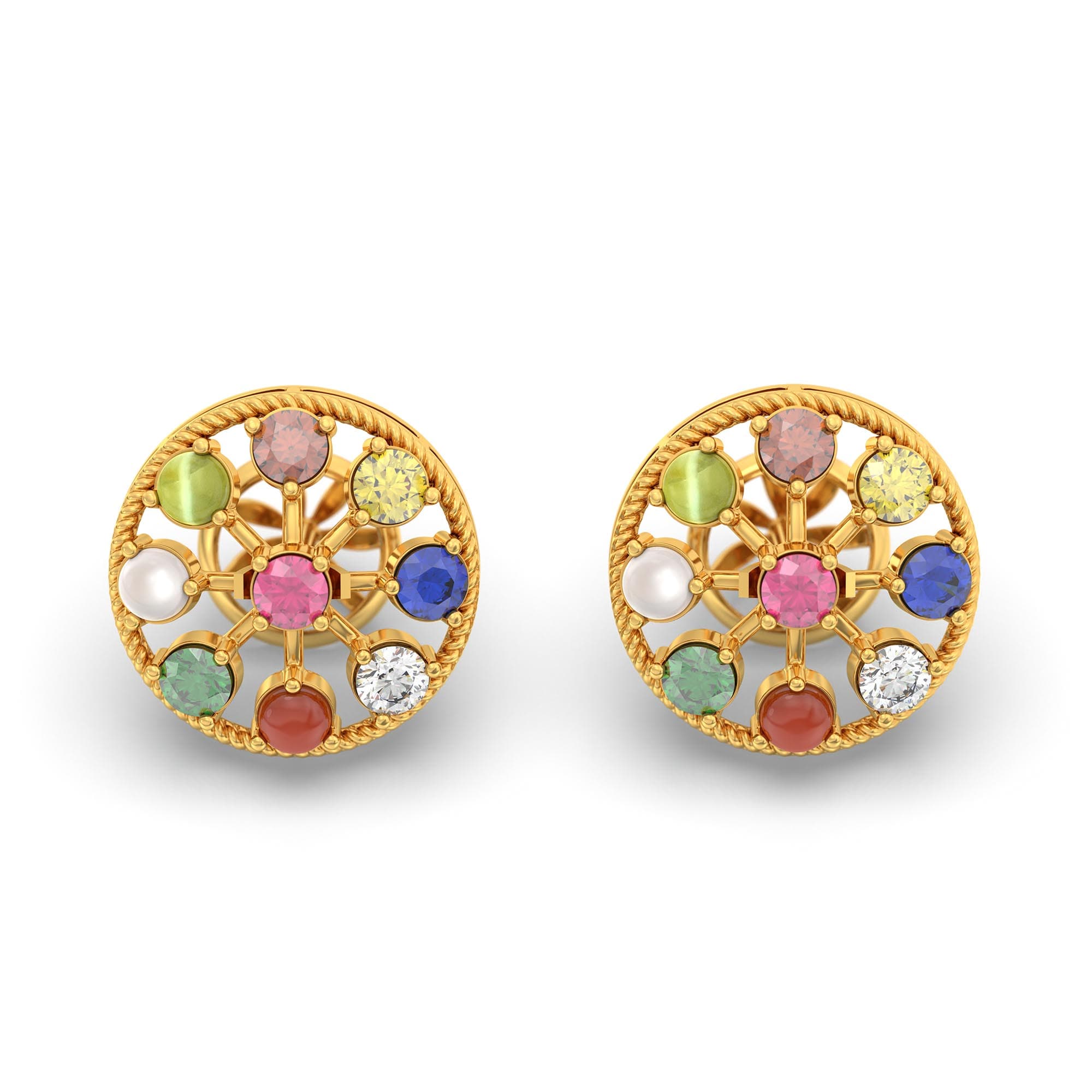 Navratna (Navaratna) Stud Earrings in 22K Yellow Gold – 2.8 mm stones, 4 g (Design K1-9)