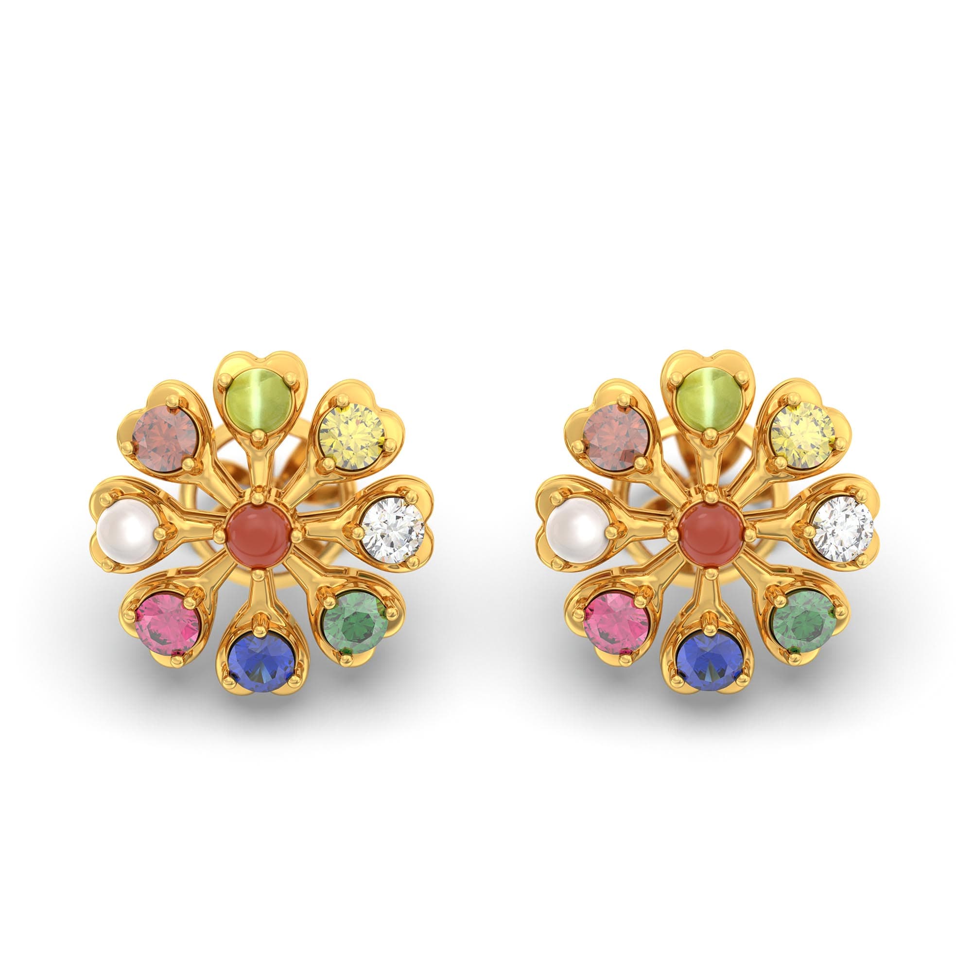 Navratna (Navaratna) Stud Earrings in 22K Yellow Gold – 2.8 mm stones, 4 g (Design K1-10)