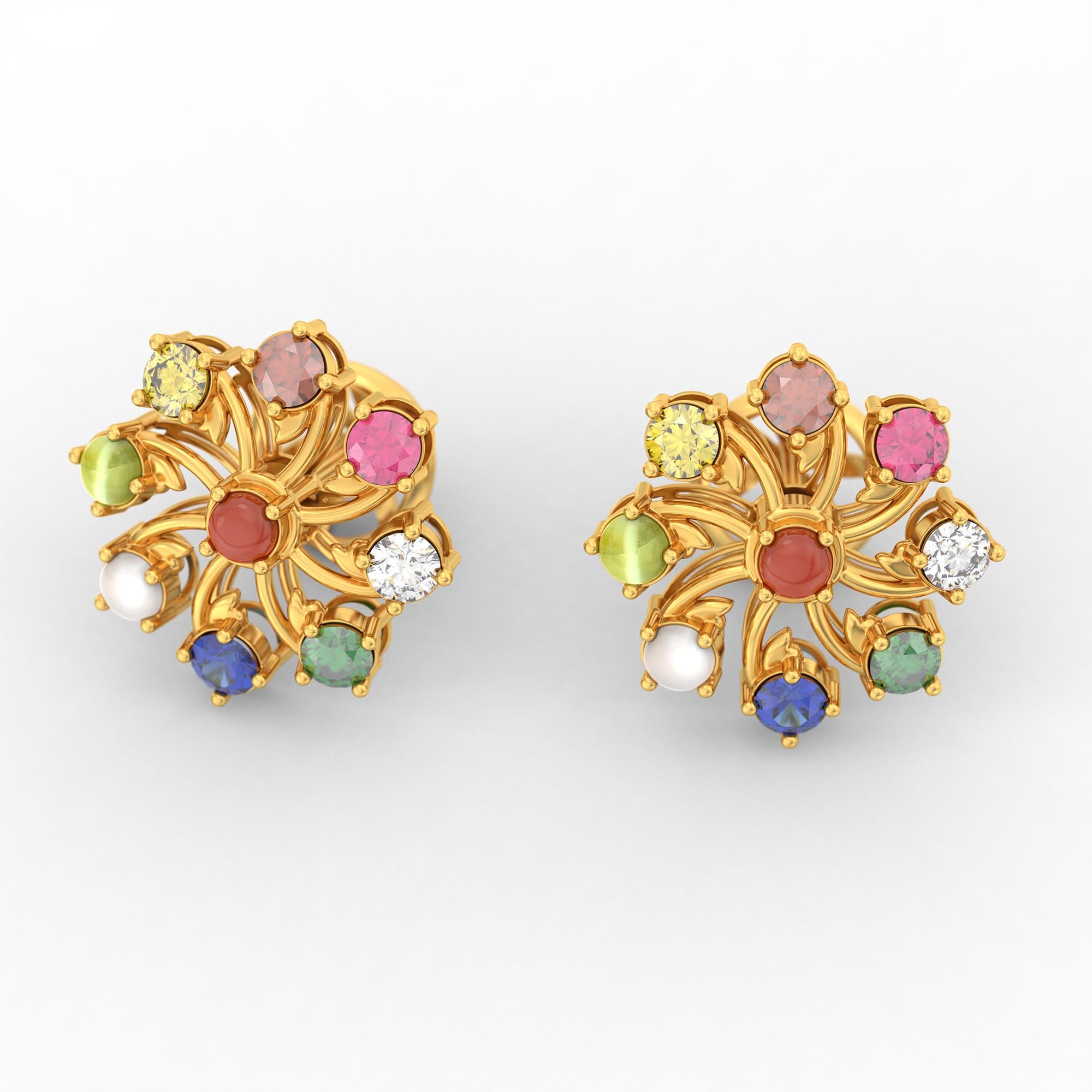 Navratna (Navaratna) Stud Earrings in 22K Yellow Gold – 2.8 mm stones, 4 g (Design K1-19)