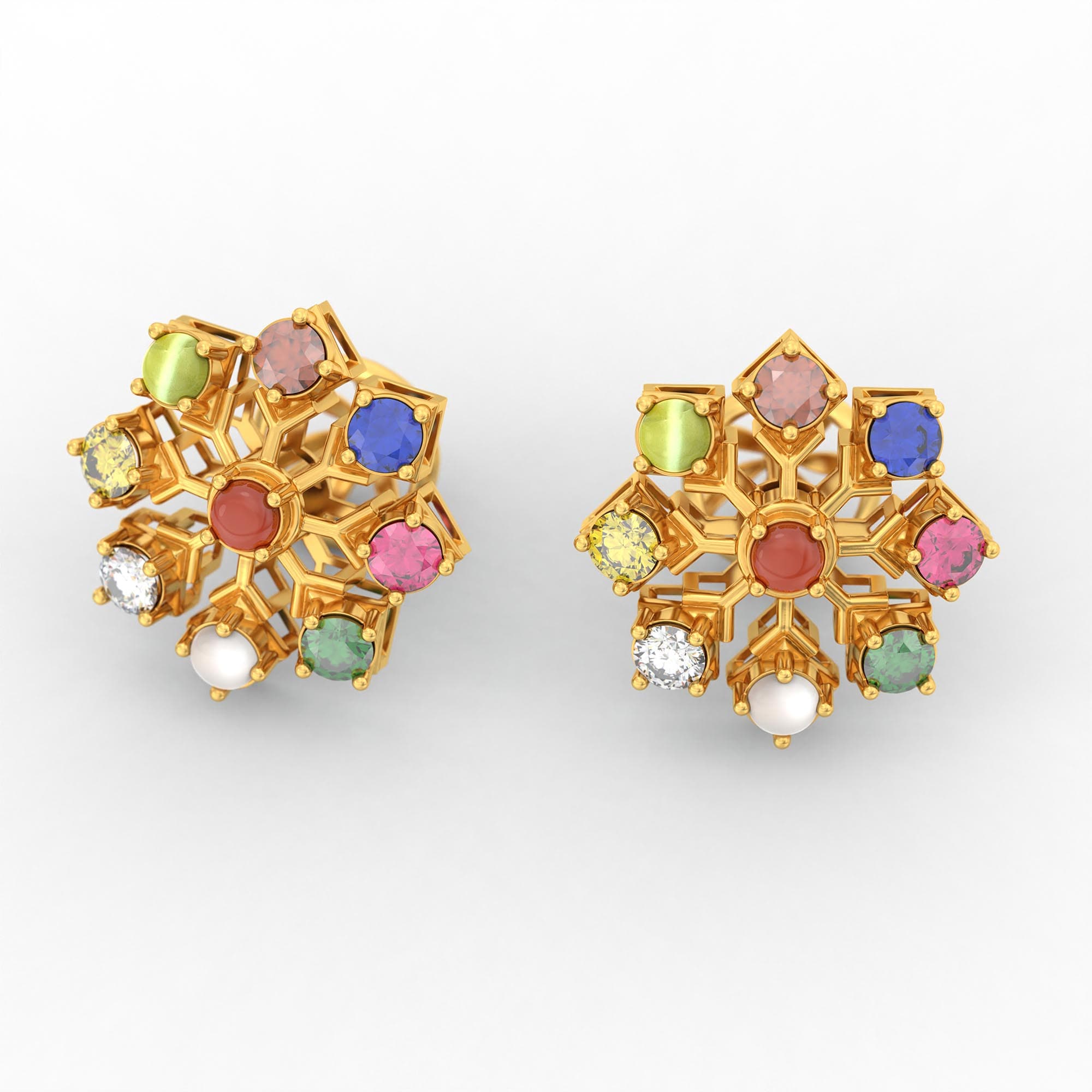 Navratna (Navaratna) Stud Earrings in 22K Yellow Gold – 2.8 mm stones, 4 g (Design K1-20)