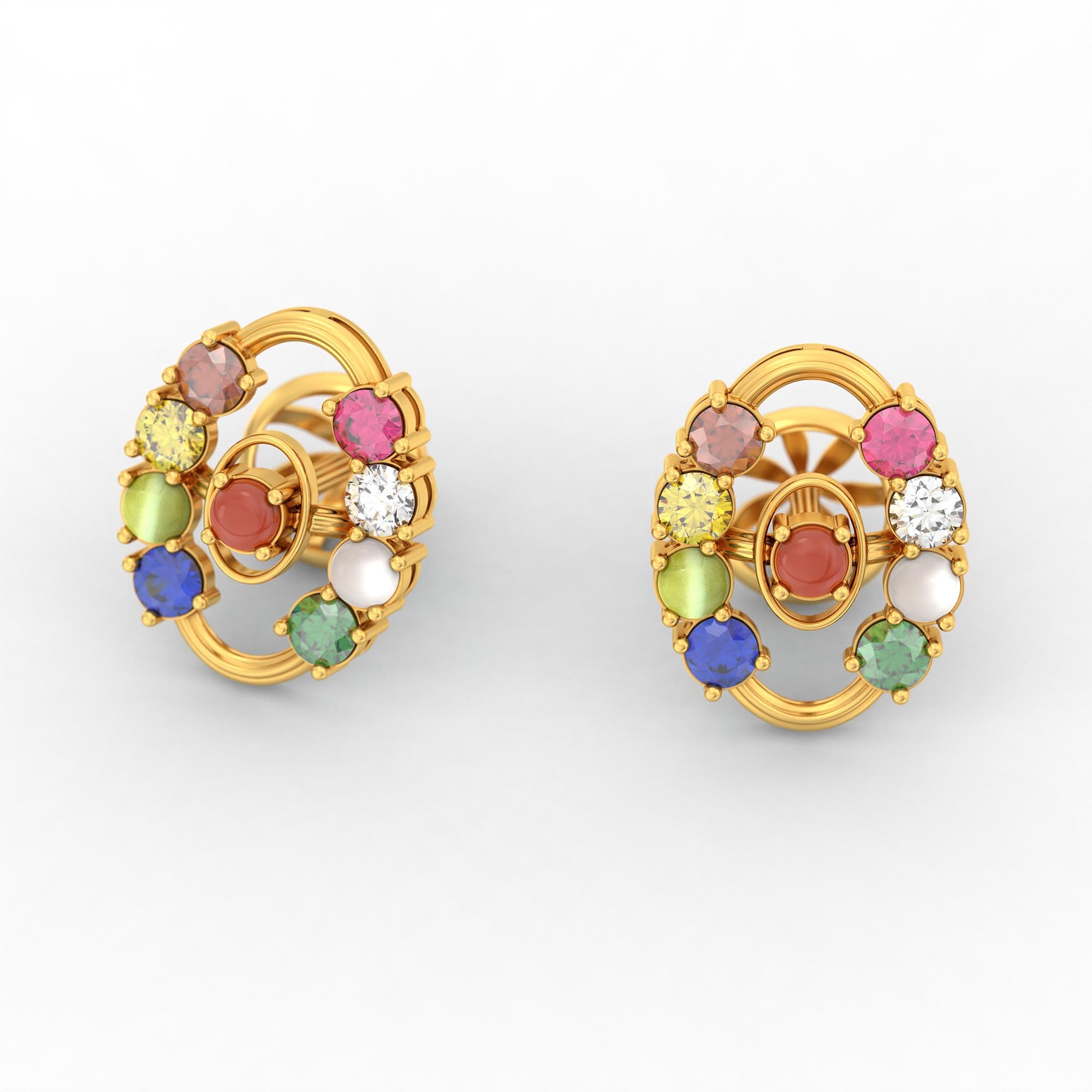 Navratna (Navaratna) Stud Earrings in 22K Yellow Gold – 2.8 mm stones, 4 g (Design K1-21)