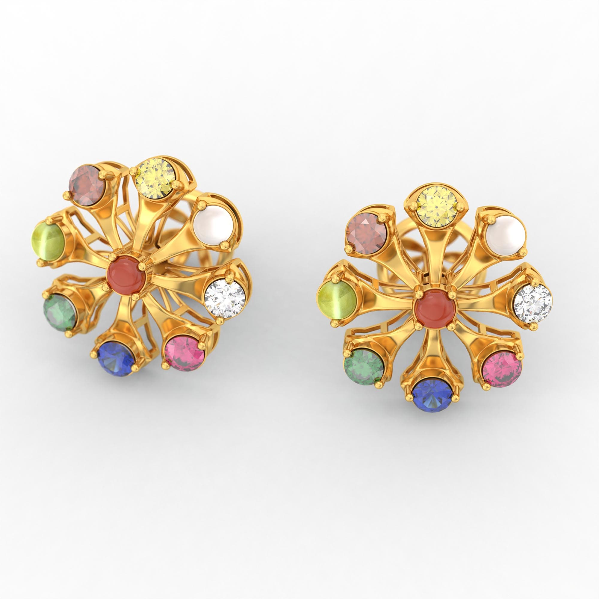 Navratna (Navaratna) Stud Earrings in 22K Yellow Gold – 2.8 mm stones, 4 g (Design K1-22)