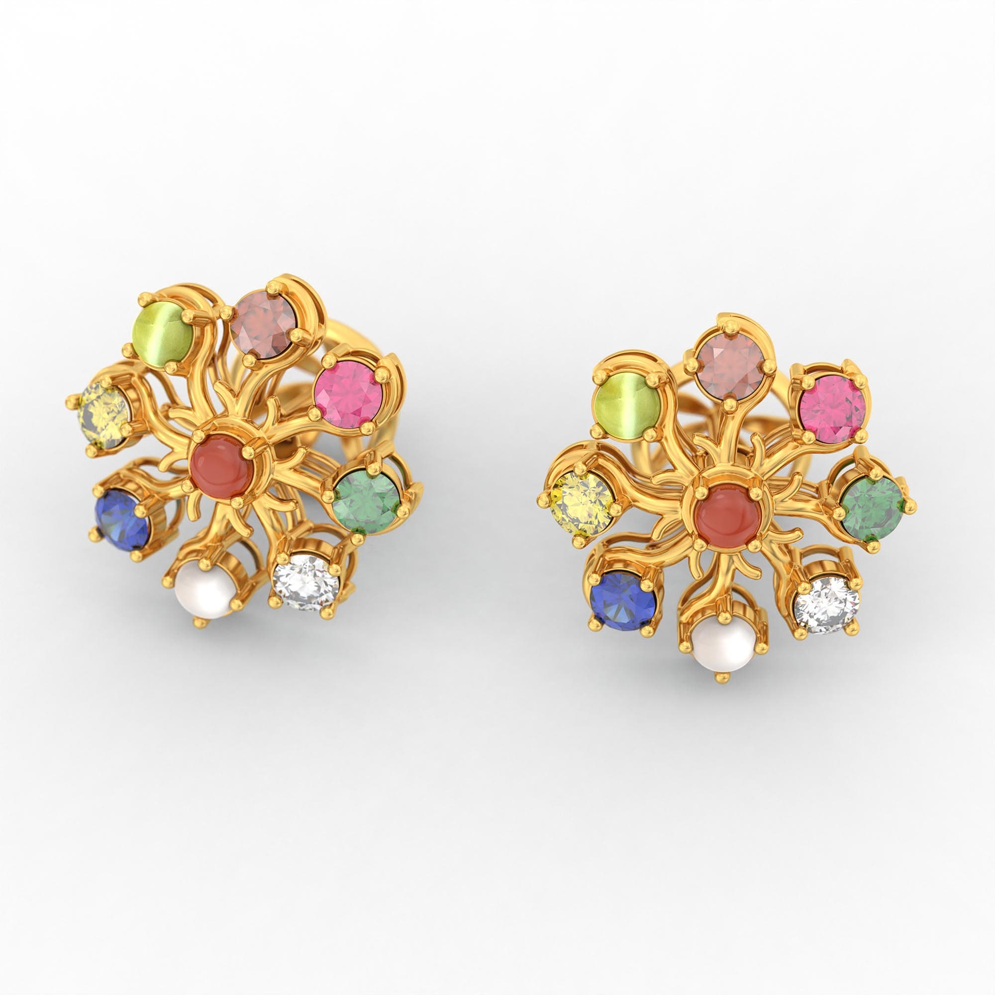 Navratna (Navaratna) Stud Earrings in 22K Yellow Gold – 2.8 mm stones, 4 g (Design K1-23)