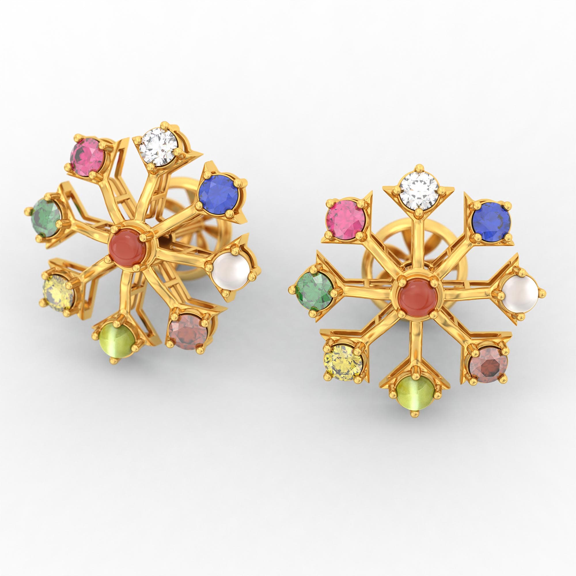 Navratna (Navaratna) Stud Earrings in 22K Yellow Gold – 2.8 mm stones, 4 g (Design K1-24)