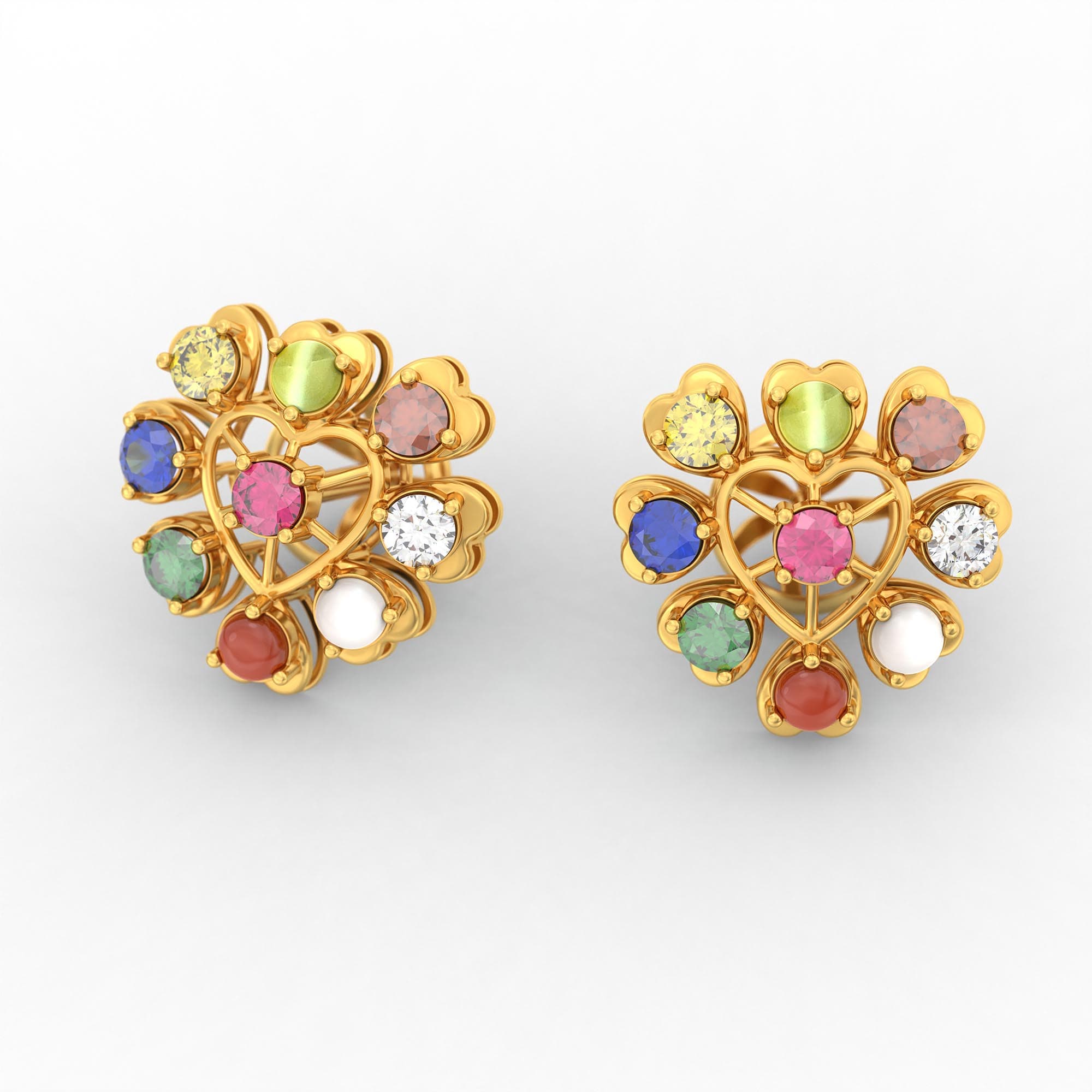 Navratna (Navaratna) Stud Earrings in 22K Yellow Gold – 2.8 mm stones, 4 g (Design K1-25)