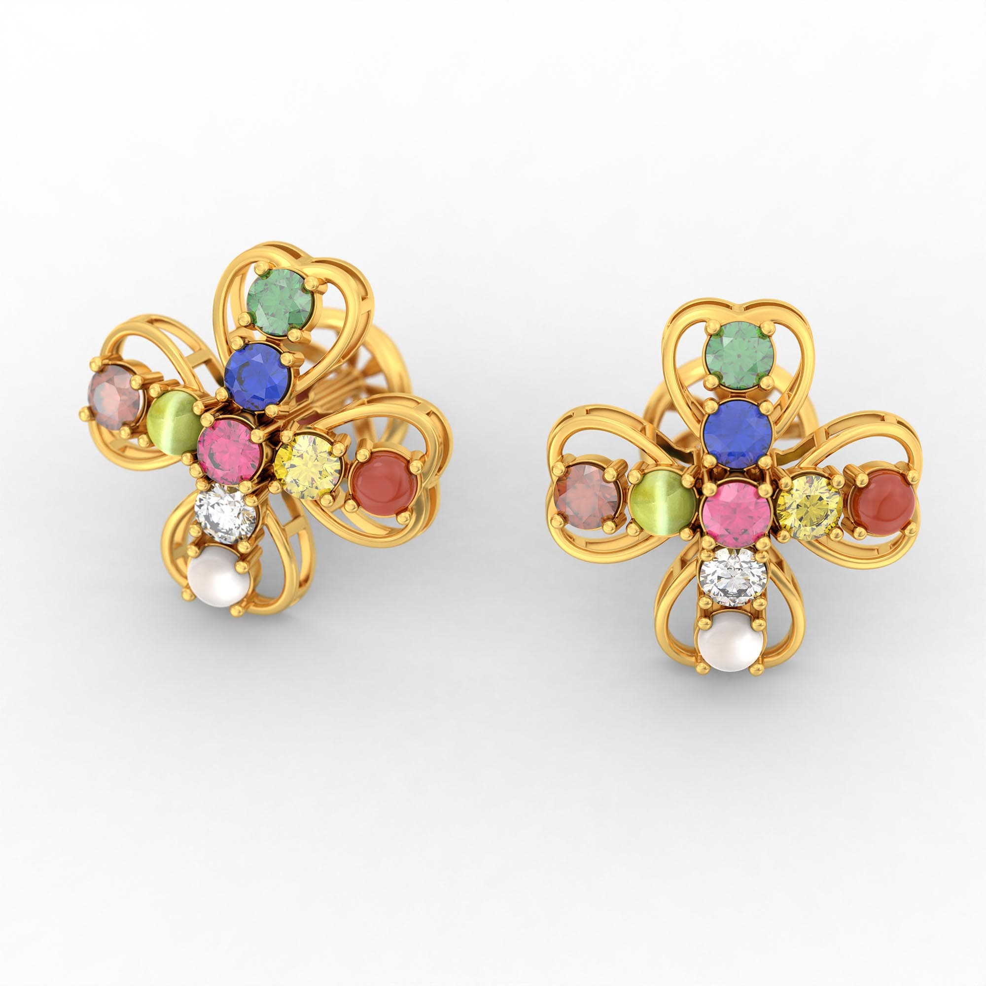 Navratna (Navaratna) Stud Earrings in 22K Yellow Gold – 2.8 mm stones, 4 g (Design K1-26)