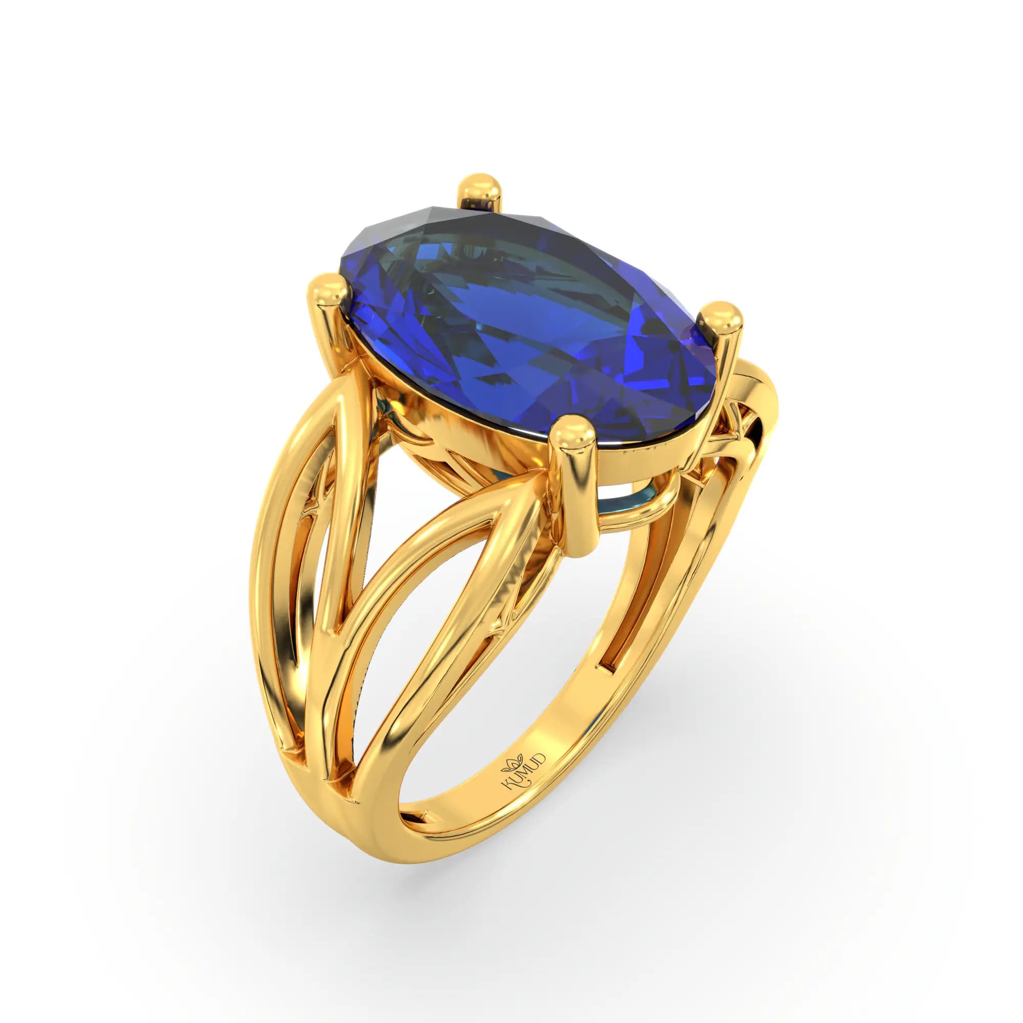 Blue Sapphire (Neelam) Ring for Women in 22K Yellow Gold – Oval 13x8 mm, Prong Setting, 6 g (Design K17B-4)