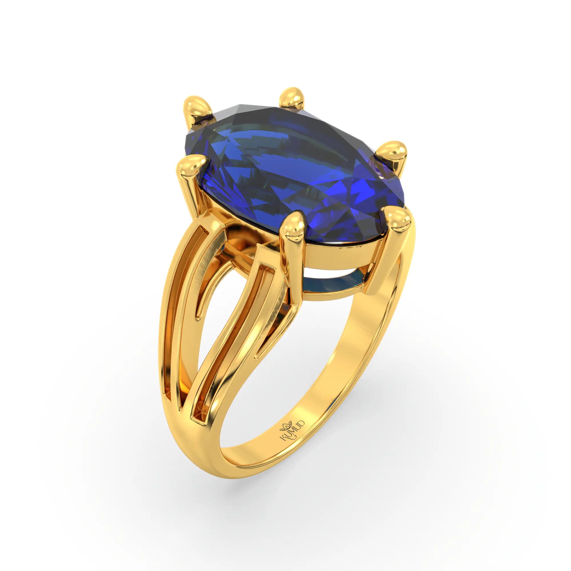 Blue Sapphire (Neelam) Ring for Women in 22K Yellow Gold – Oval 13x8 mm, Prong Setting, 7 g (Design K17B-8)