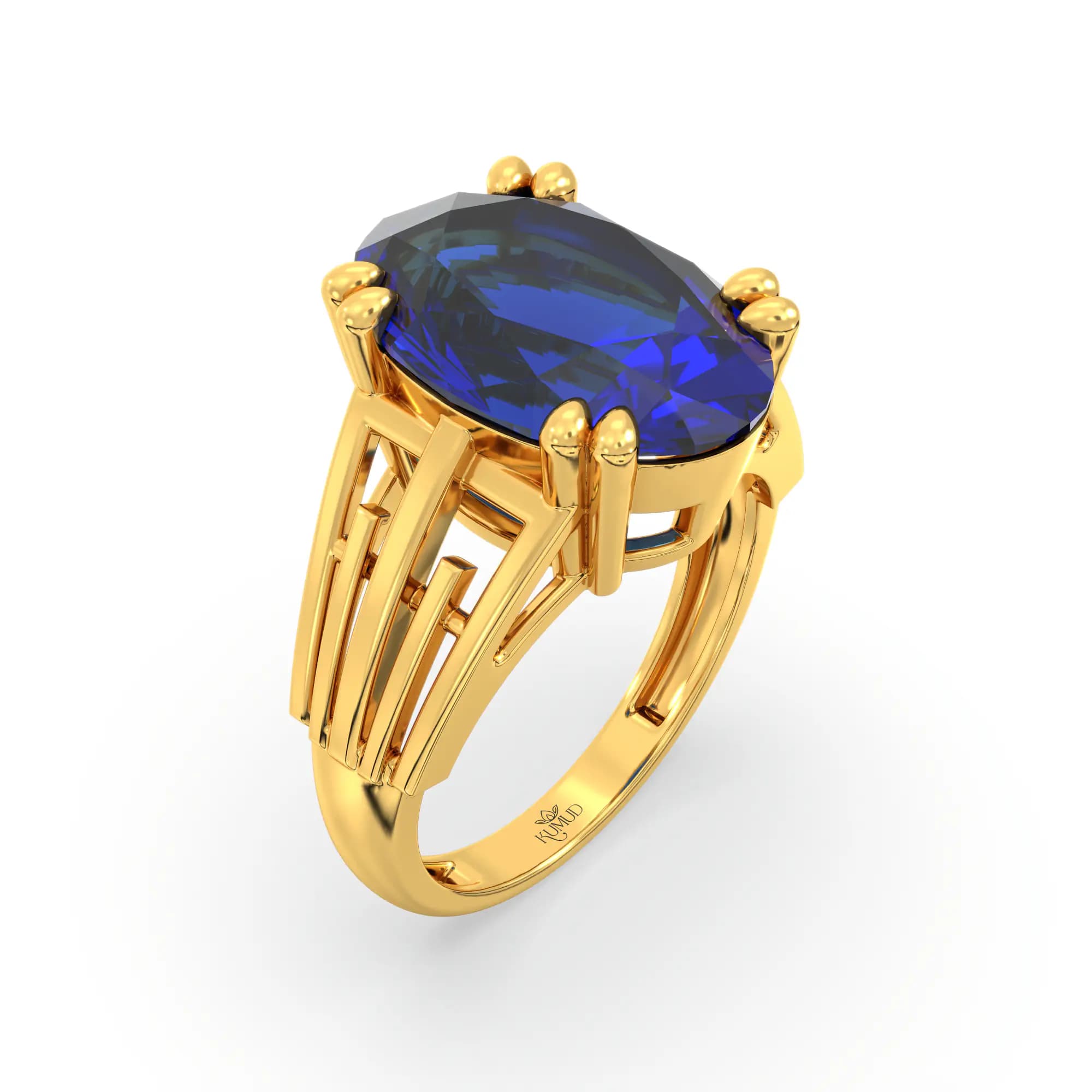 Blue Sapphire (Neelam) Ring for Women in 22K Yellow Gold – Oval 13x8 mm, Prong Setting, 6 g (Design K17B-9)
