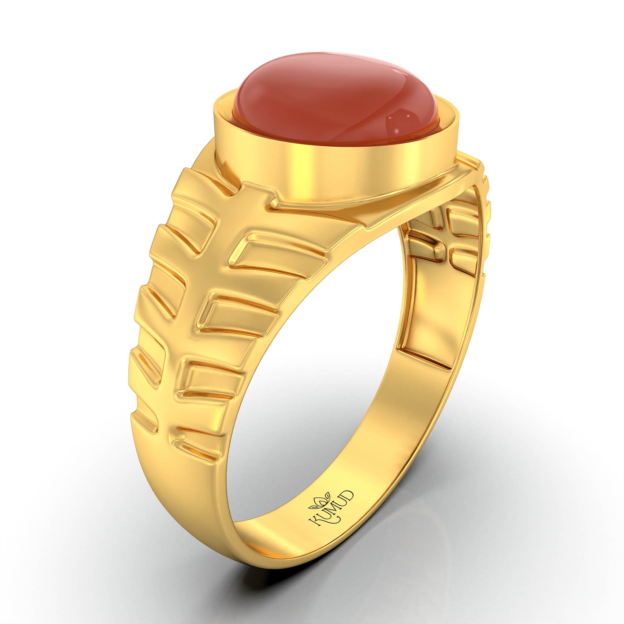 Red Coral (Moonga) Ring for Men in 22K Yellow Gold – Oval Cabochon 9x8 mm, Bezel Setting, 4 g (Design KF-11)