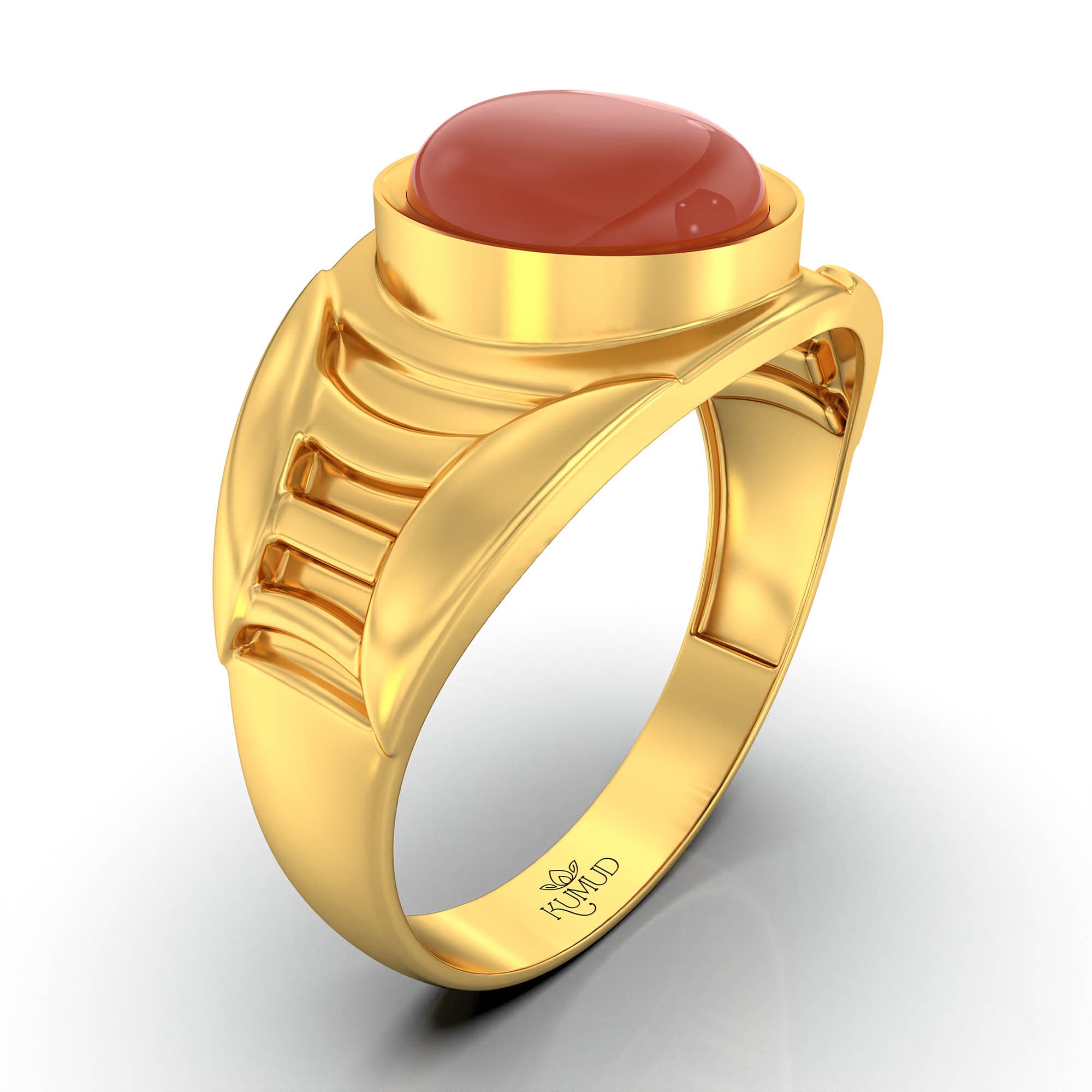 Red Coral (Moonga) Ring for Men in 22K Yellow Gold – Oval Cabochon 9x8 mm, Bezel Setting, 4 g (Design KF-12)