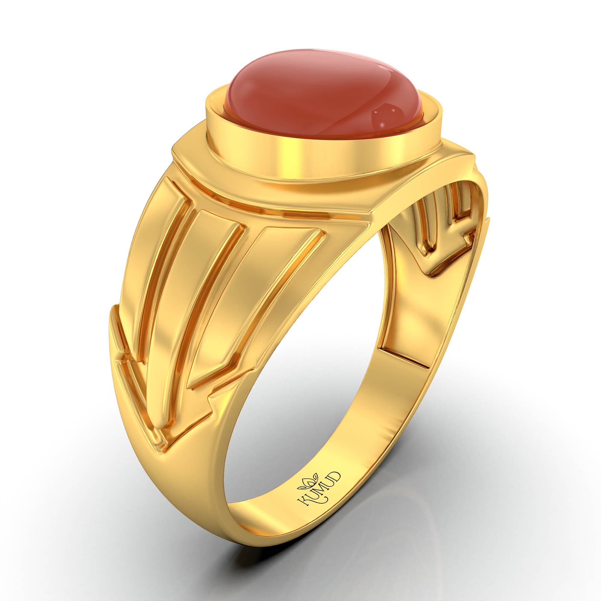 Red Coral (Moonga) Ring for Men in 22K Yellow Gold – Oval Cabochon 9x8 mm, Bezel Setting, 4 g (Design KF-13)