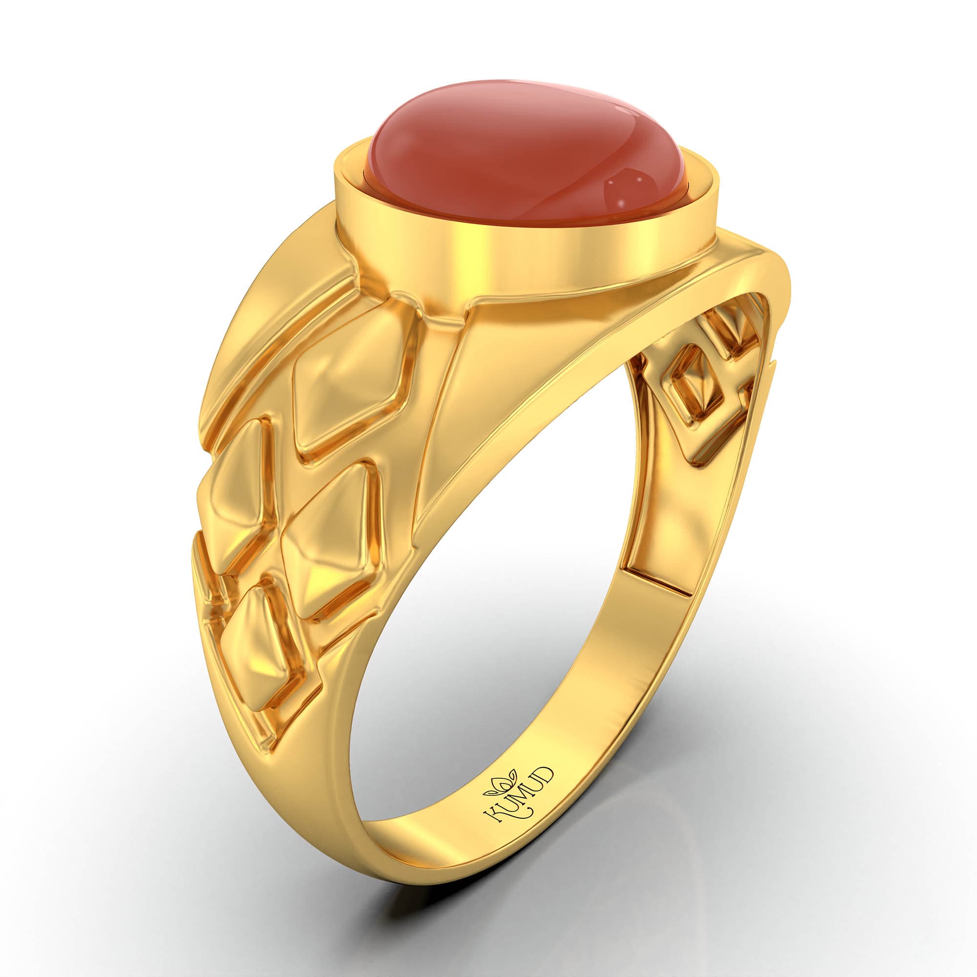 Red Coral (Moonga) Ring for Men in 22K Yellow Gold – Oval Cabochon 9x8 mm, Bezel Setting, 4 g (Design KF-14)