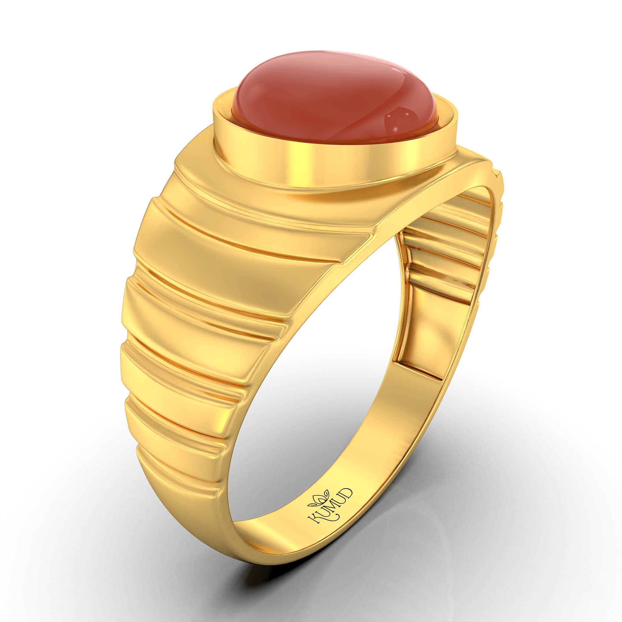 Red Coral (Moonga) Ring for Men in 22K Yellow Gold – Oval Cabochon 9x8 mm, Bezel Setting, 4 g (Design KF-15)
