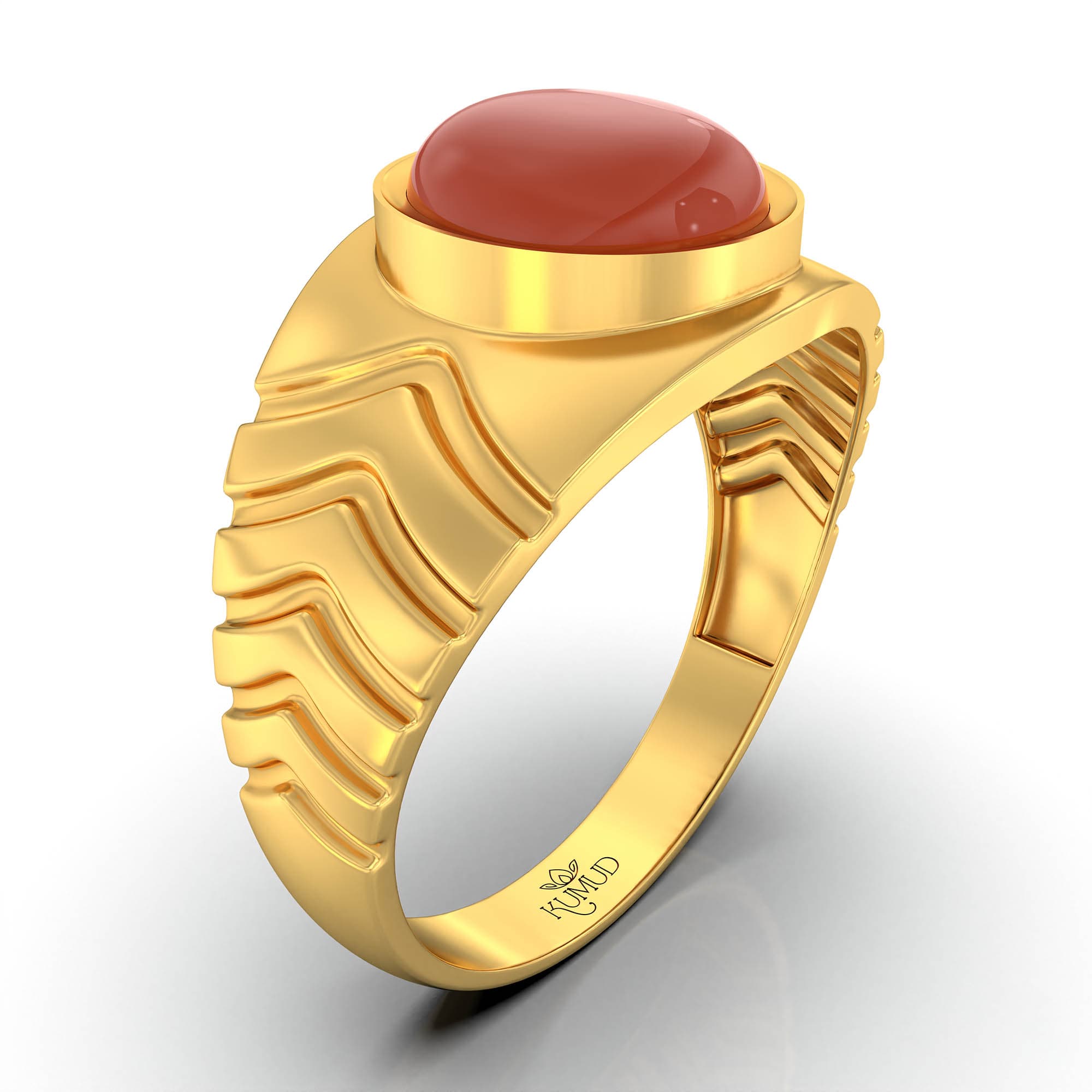 Red Coral (Moonga) Ring for Men in 22K Yellow Gold – Oval Cabochon 9x8 mm, Bezel Setting, 4 g (Design KF-16)